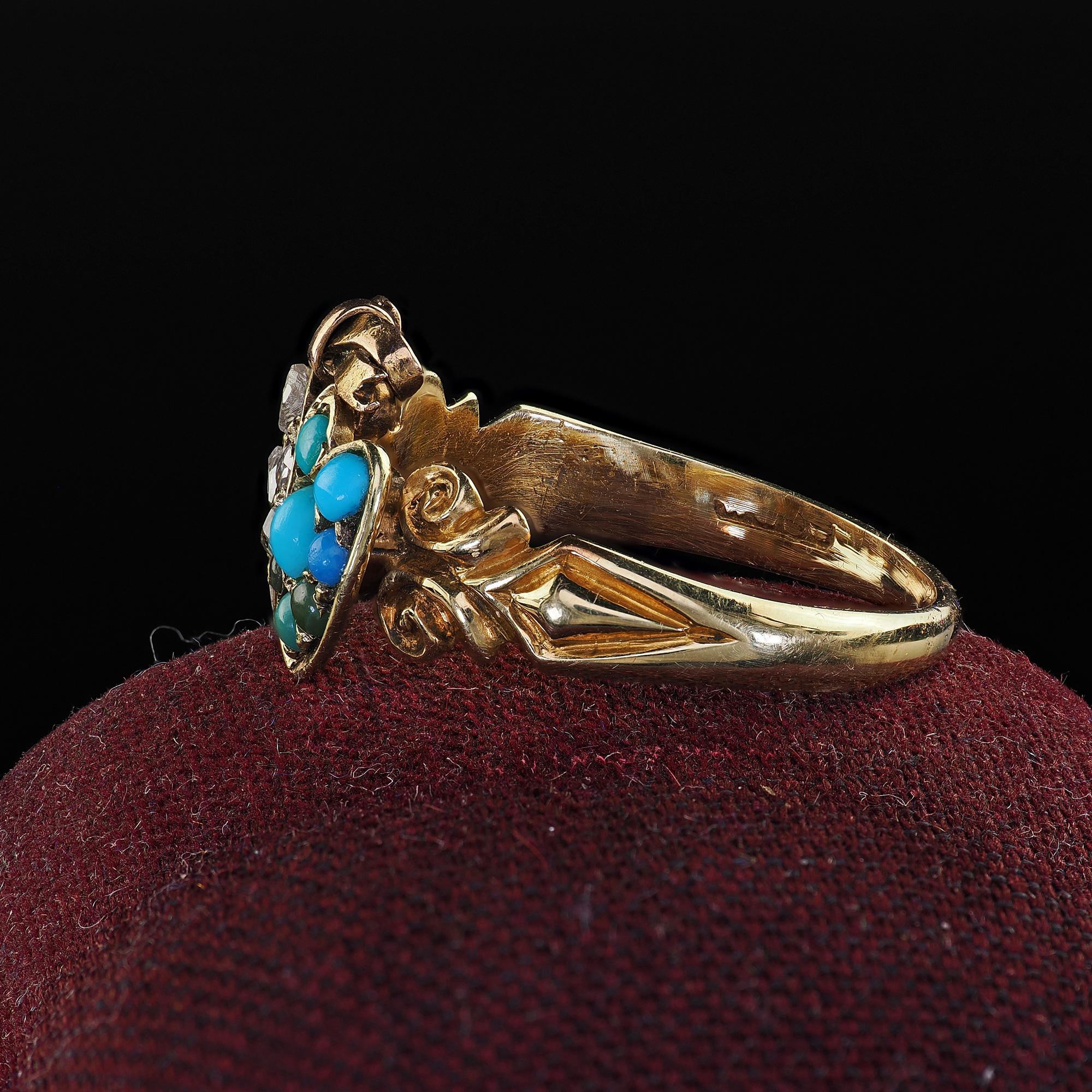 Antique Victorian 15K Yellow Gold Rose Cut Diamond Turquoise Double Heart Ring 1
