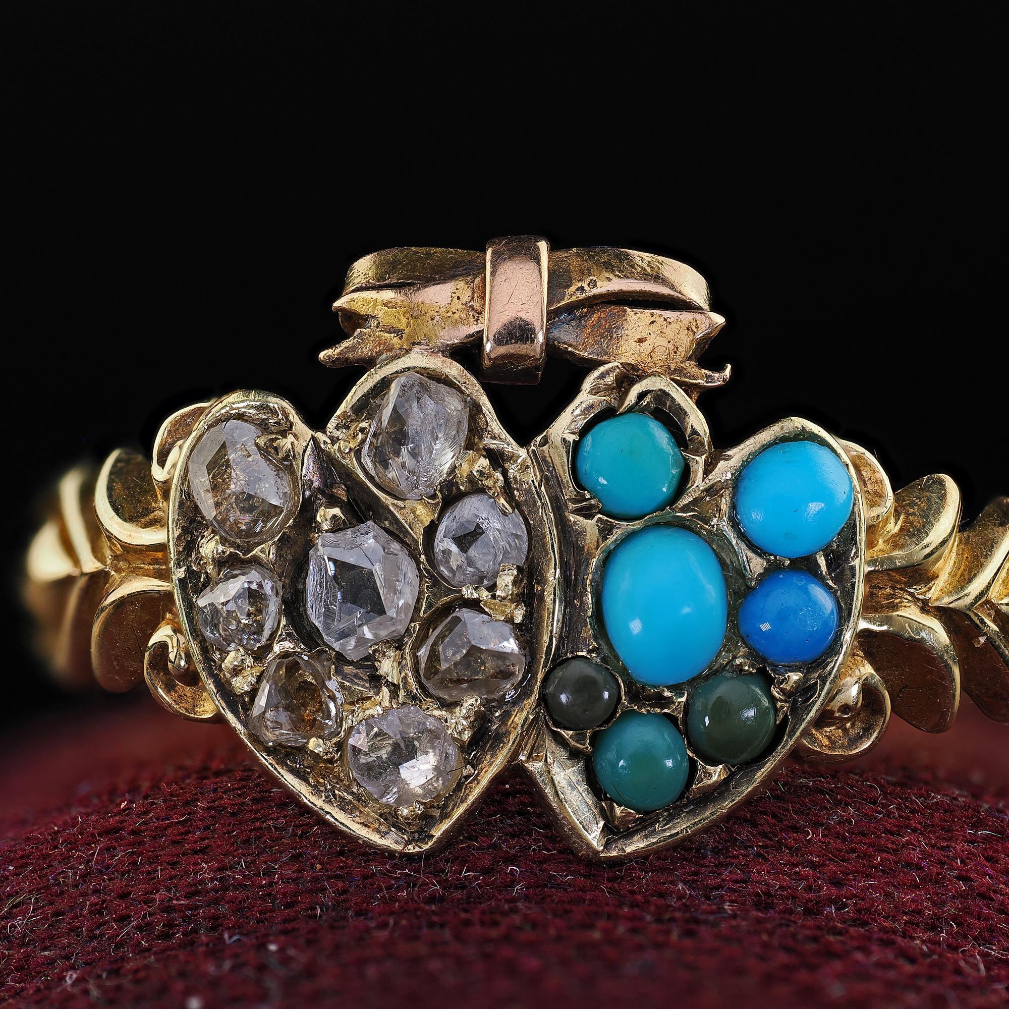 Antique Victorian 15K Yellow Gold Rose Cut Diamond Turquoise Double Heart Ring 2