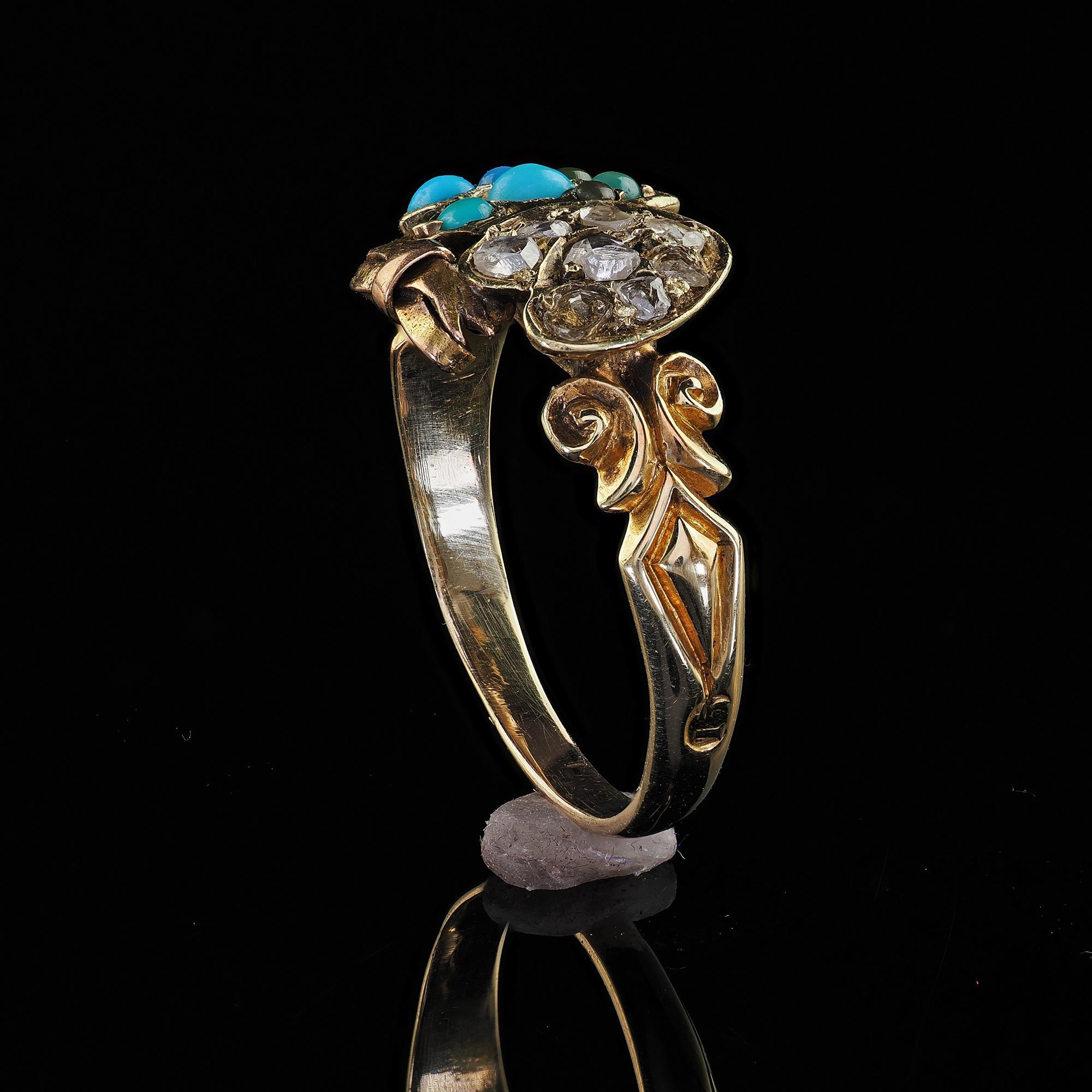 Antique Victorian 15K Yellow Gold Rose Cut Diamond Turquoise Double Heart Ring 5