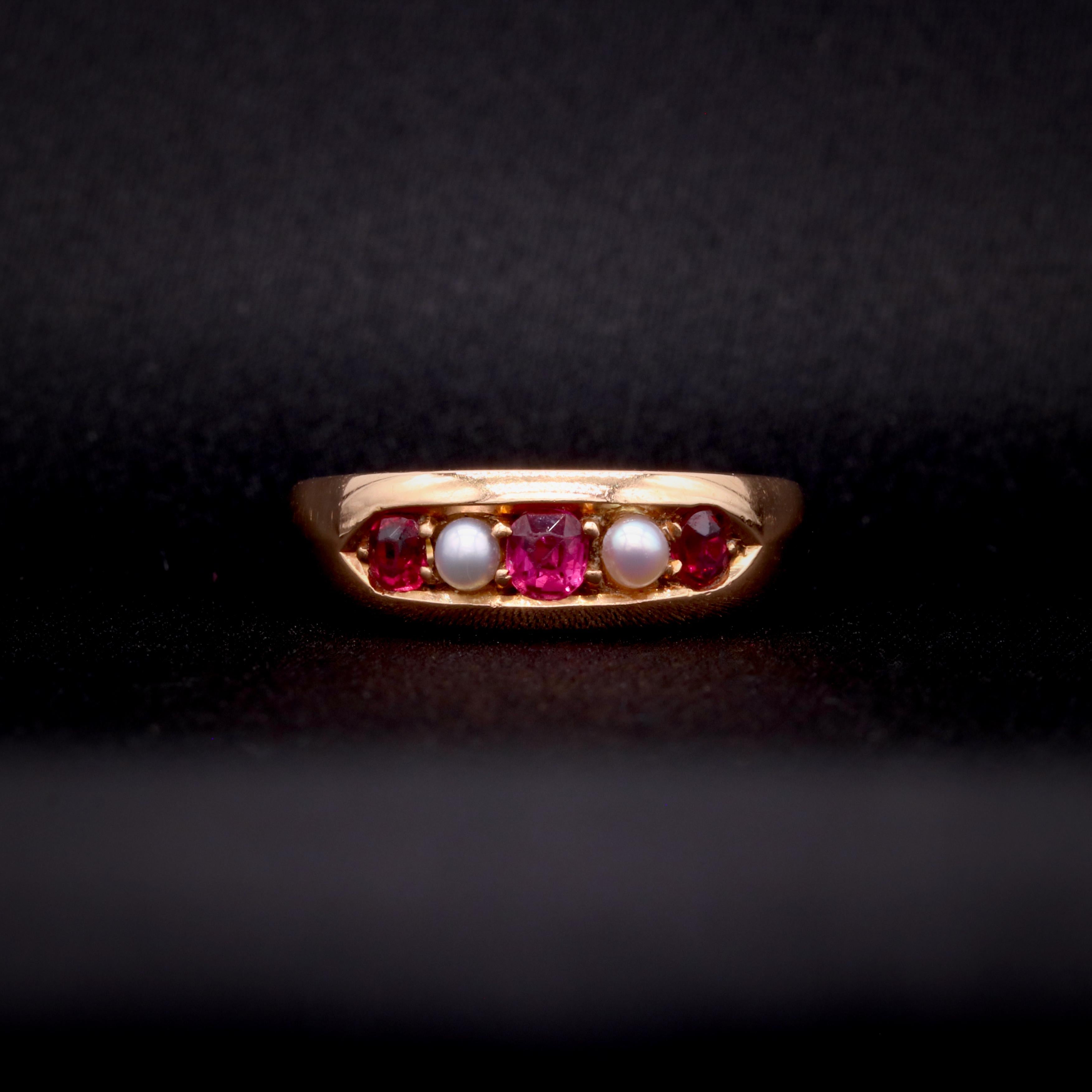 Round Cut Antique Victorian 15K Yellow Gold Ruby and Pearl 5 Stone Band Ring For Sale