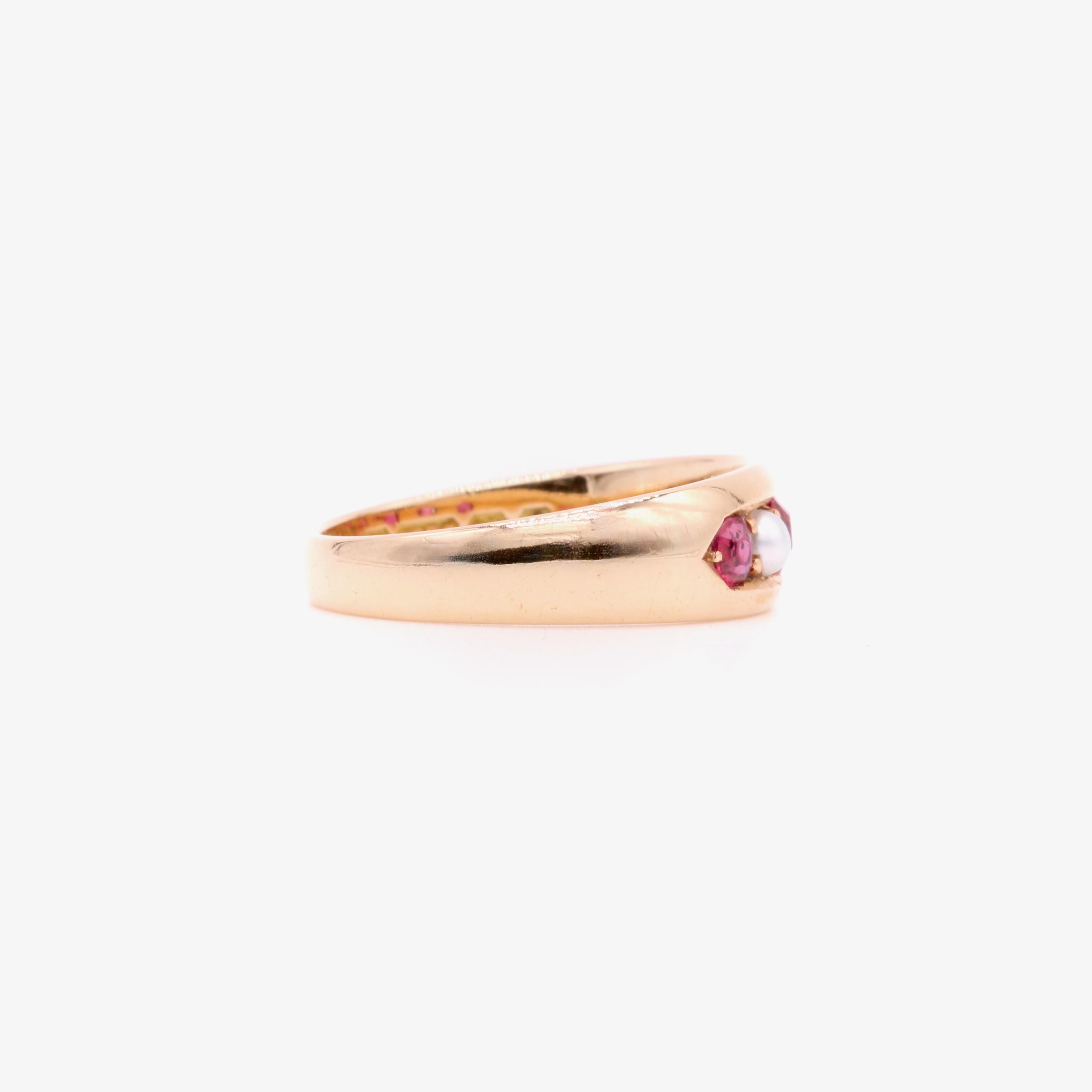 Antique Victorian 15K Yellow Gold Ruby and Pearl 5 Stone Band Ring For Sale 1
