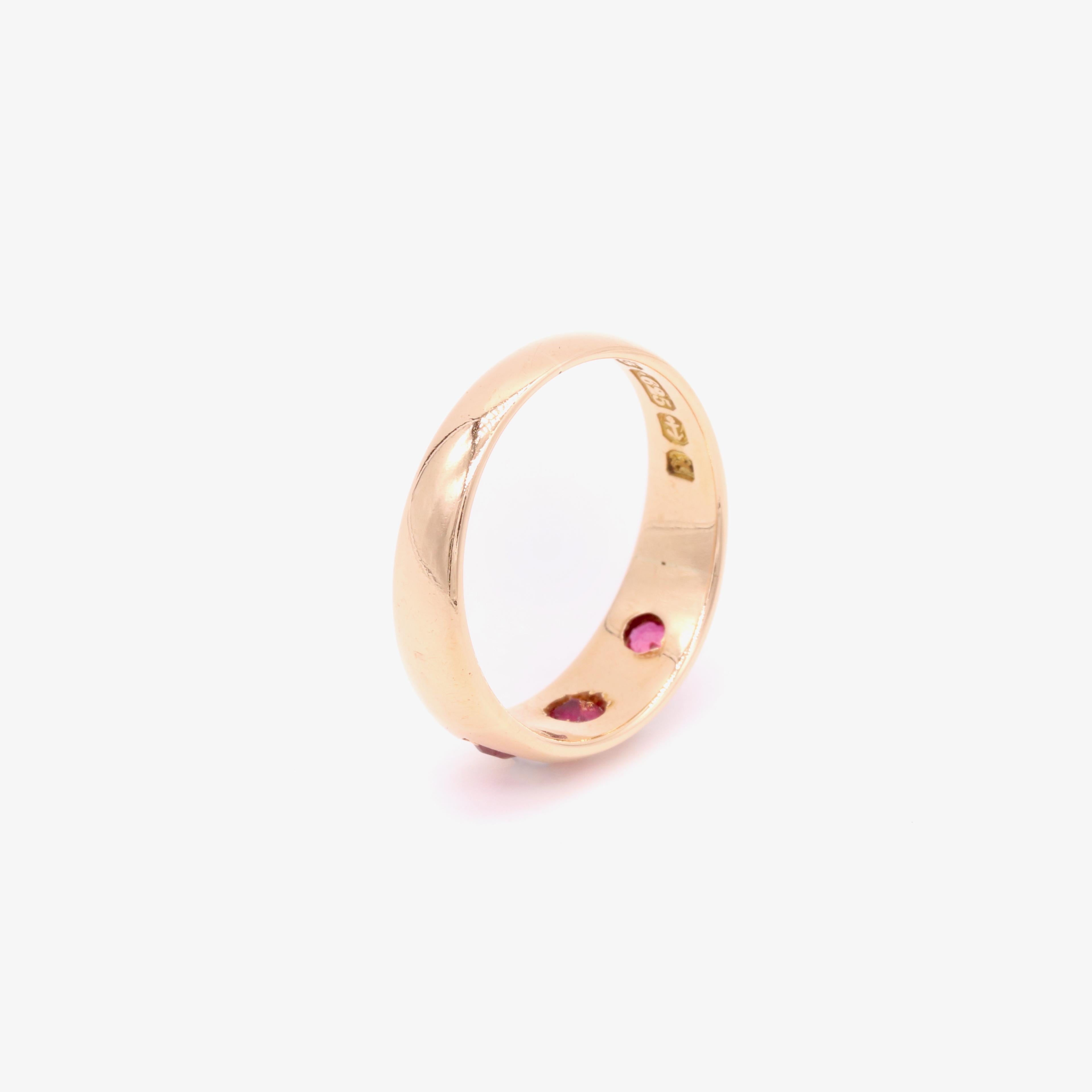 Antique Victorian 15K Yellow Gold Ruby and Pearl 5 Stone Band Ring For Sale 4