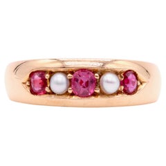 Antique Victorian 15K Yellow Gold Ruby and Pearl 5 Stone Band Ring