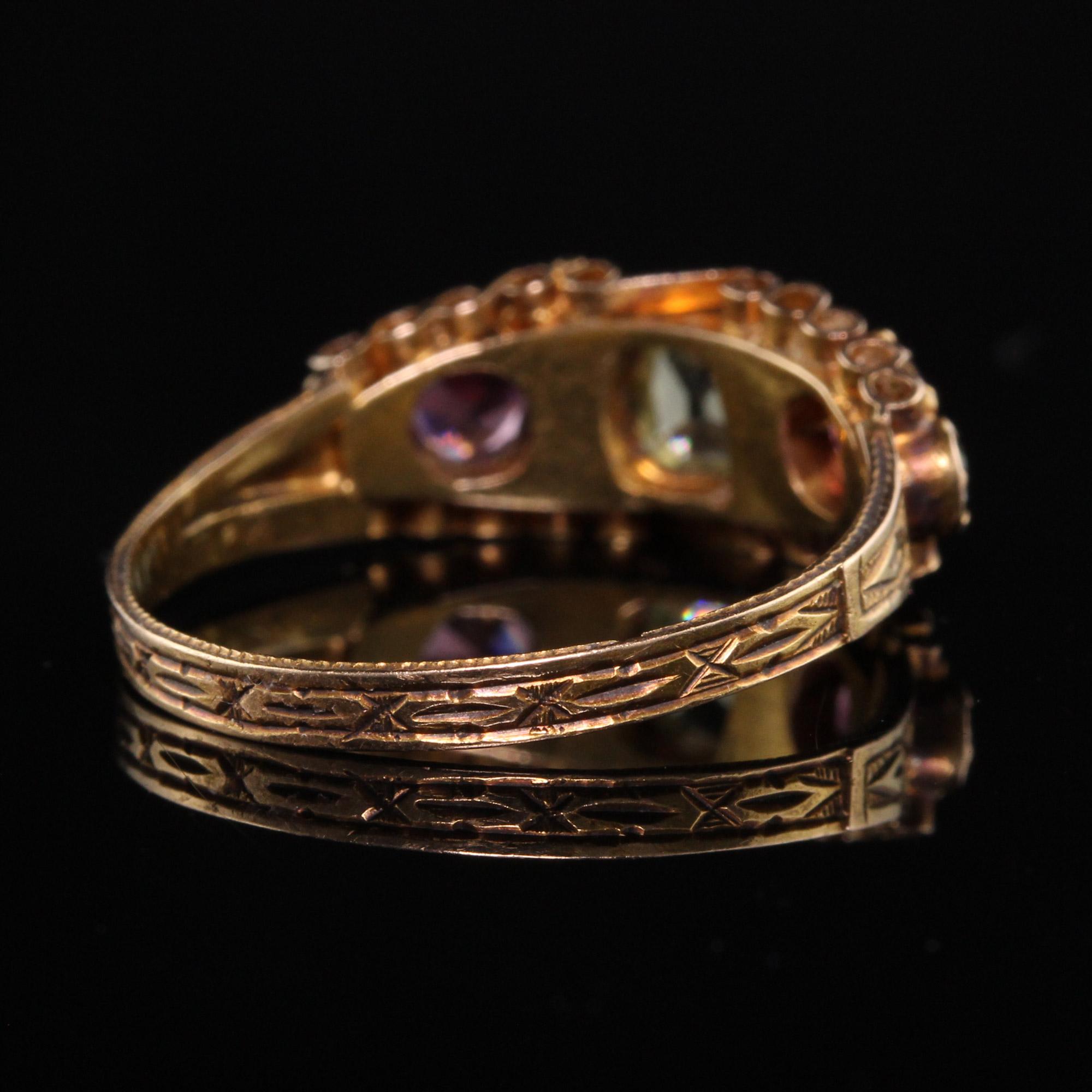 Old Mine Cut Antique Victorian 15K Yellow Gold Ruby Emerald and Chrysoberyl Engraved Ring