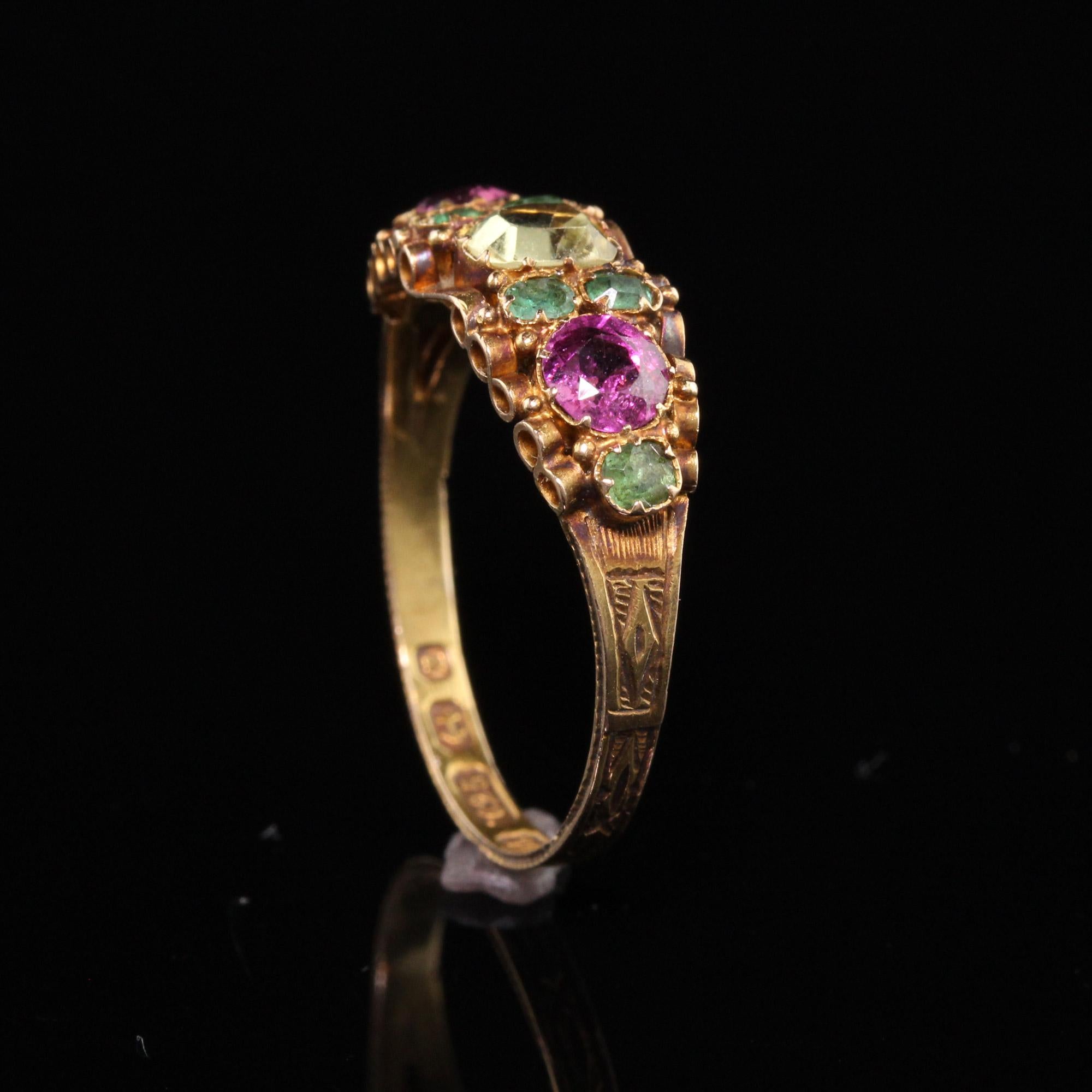 Antique Victorian 15K Yellow Gold Ruby Emerald and Chrysoberyl Engraved Ring In Good Condition In Great Neck, NY