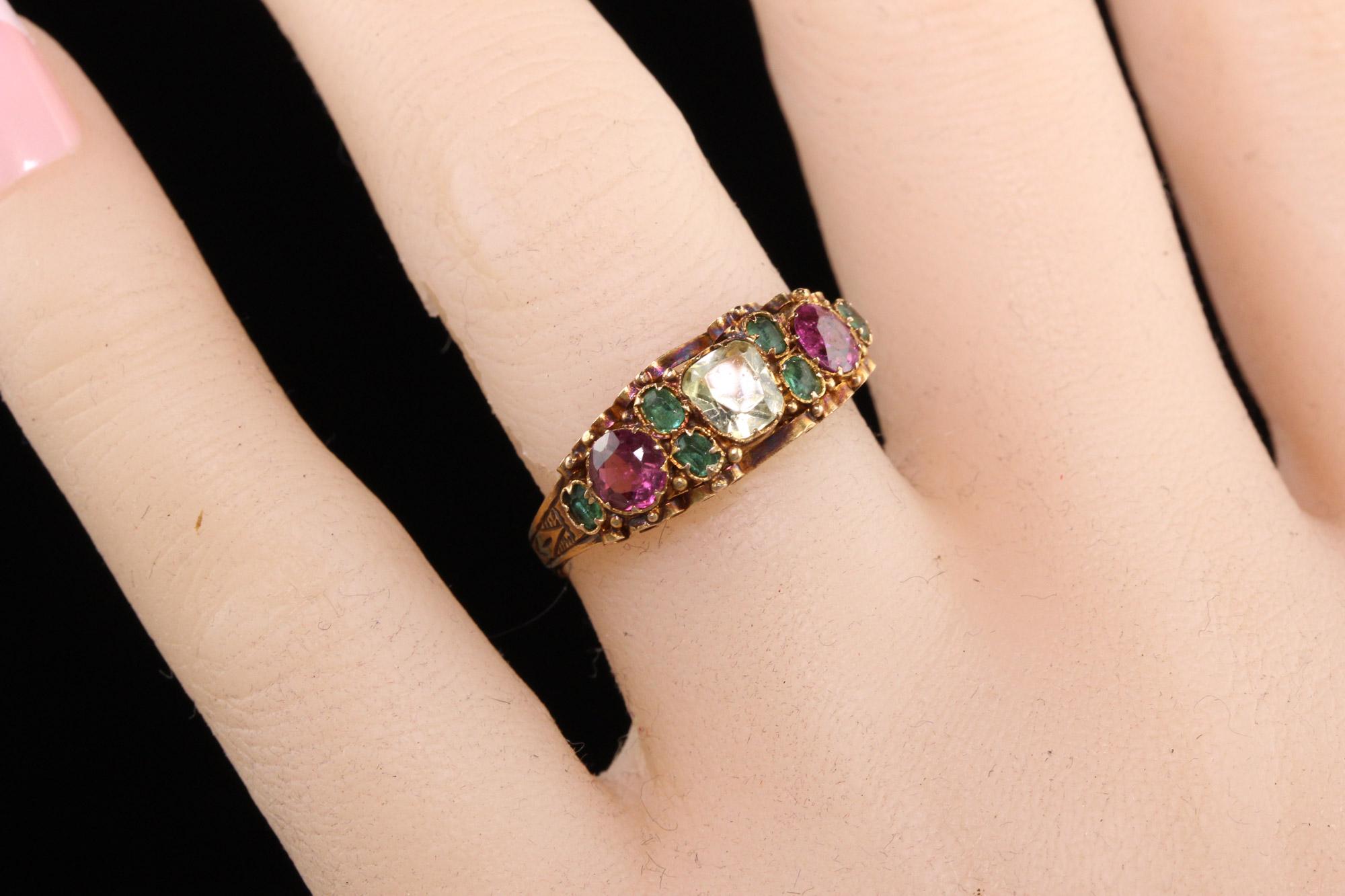 Women's Antique Victorian 15K Yellow Gold Ruby Emerald and Chrysoberyl Engraved Ring