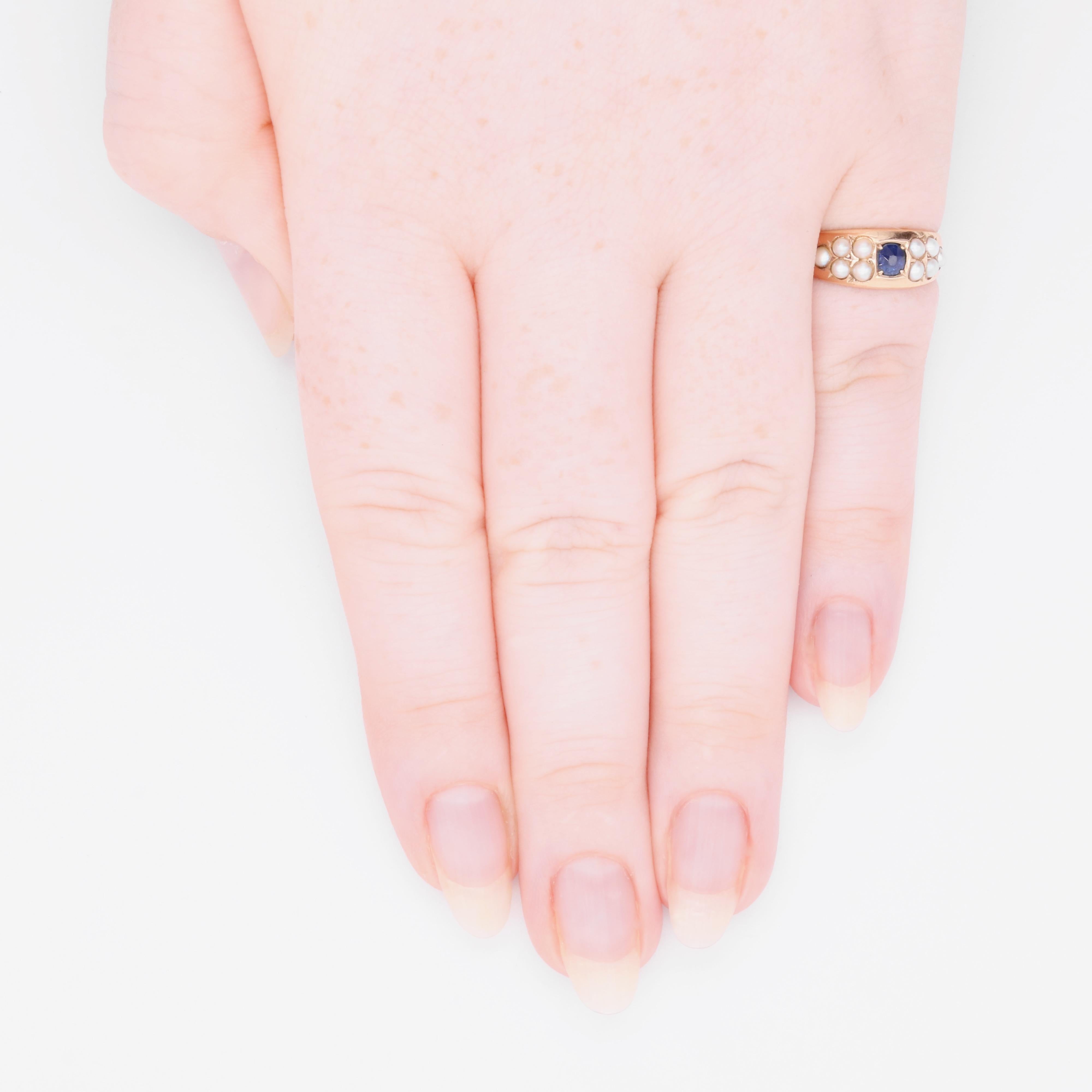 Antique Victorian 15K Yellow Gold Sapphire and Pearl Band Ring For Sale 5