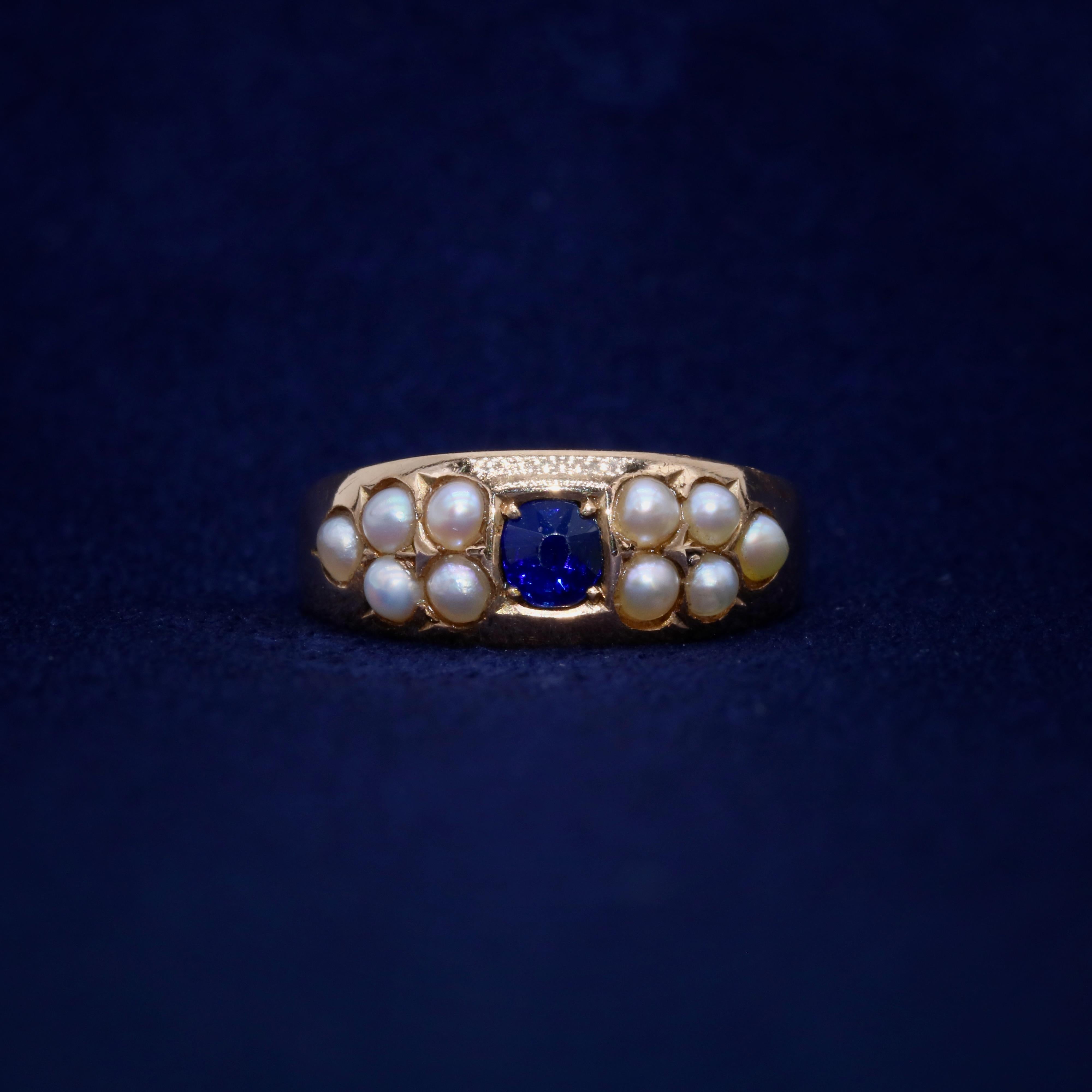 Round Cut Antique Victorian 15K Yellow Gold Sapphire and Pearl Band Ring For Sale