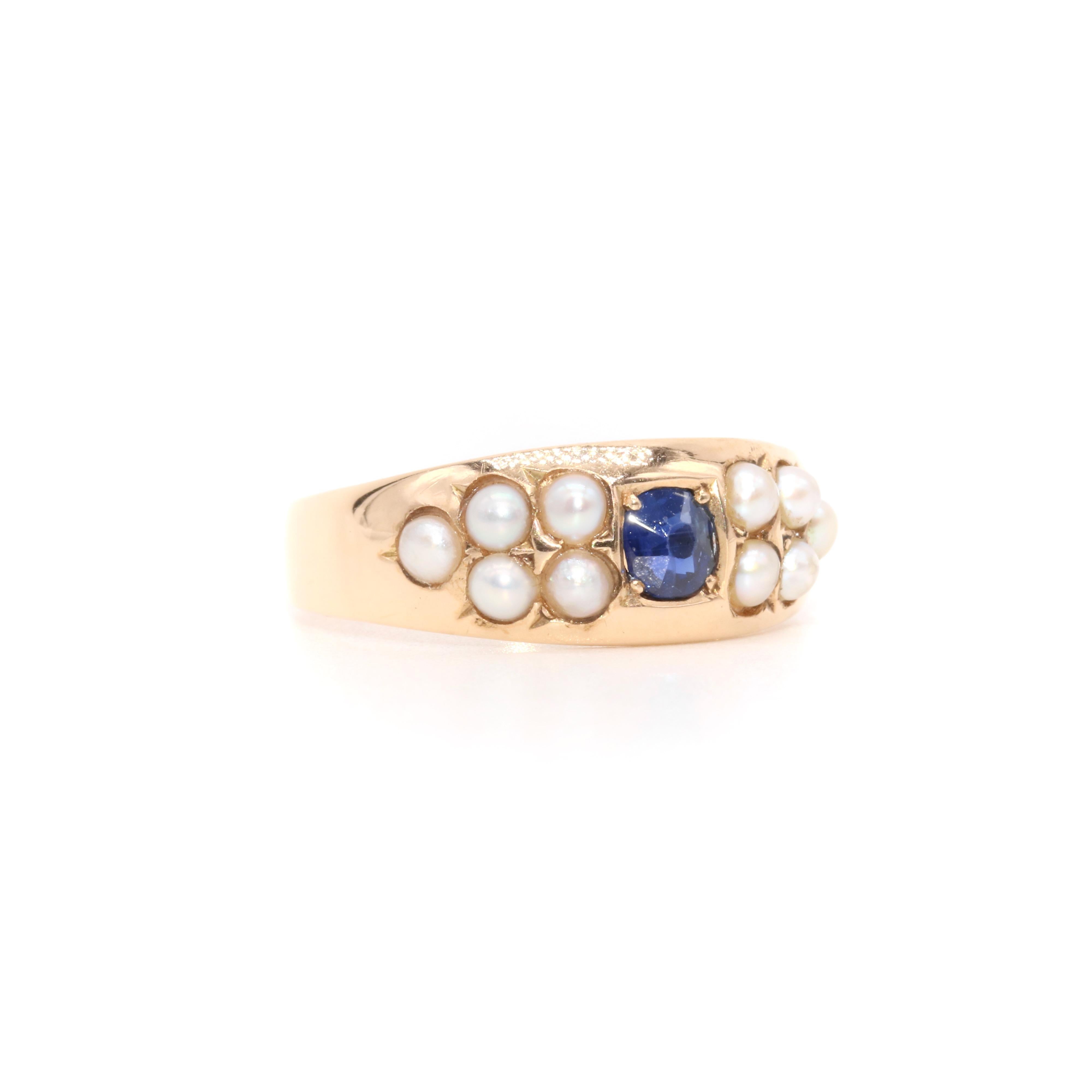 Women's or Men's Antique Victorian 15K Yellow Gold Sapphire and Pearl Band Ring For Sale