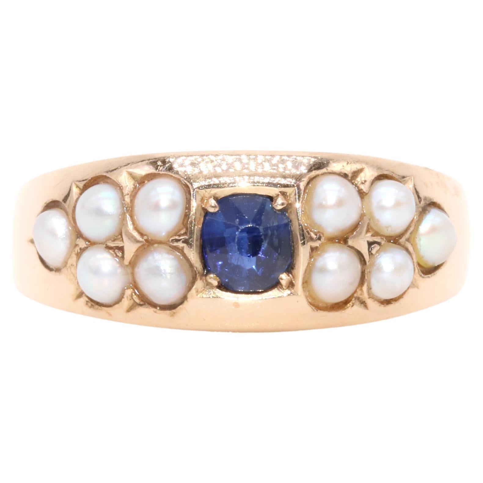 Antique Victorian 15K Yellow Gold Sapphire and Pearl Band Ring