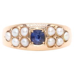 Antique Victorian 15K Yellow Gold Sapphire and Pearl Band Ring