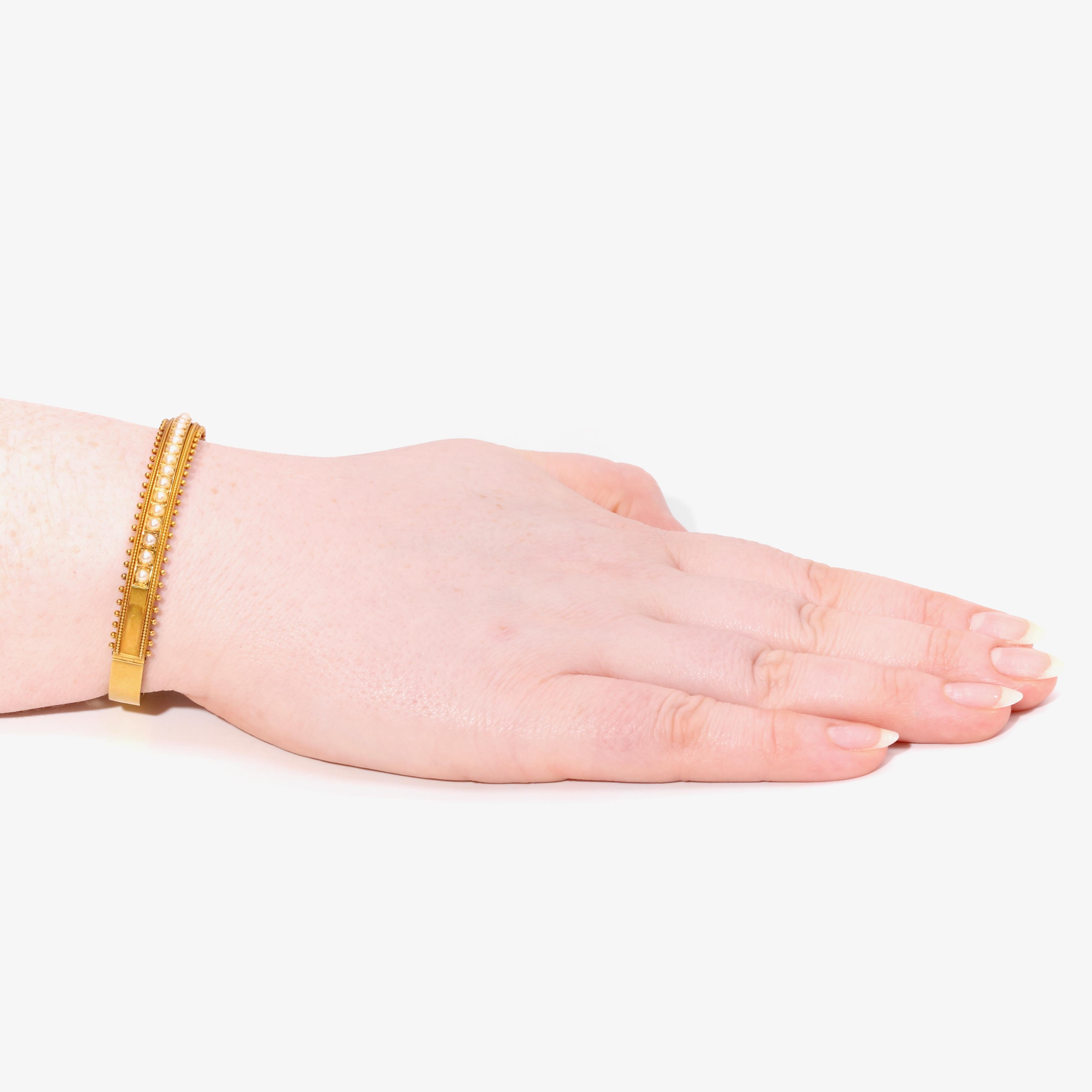 Antique Victorian 15K Yellow Gold Seed Pearl Etruscan Revival Bangle For Sale 5
