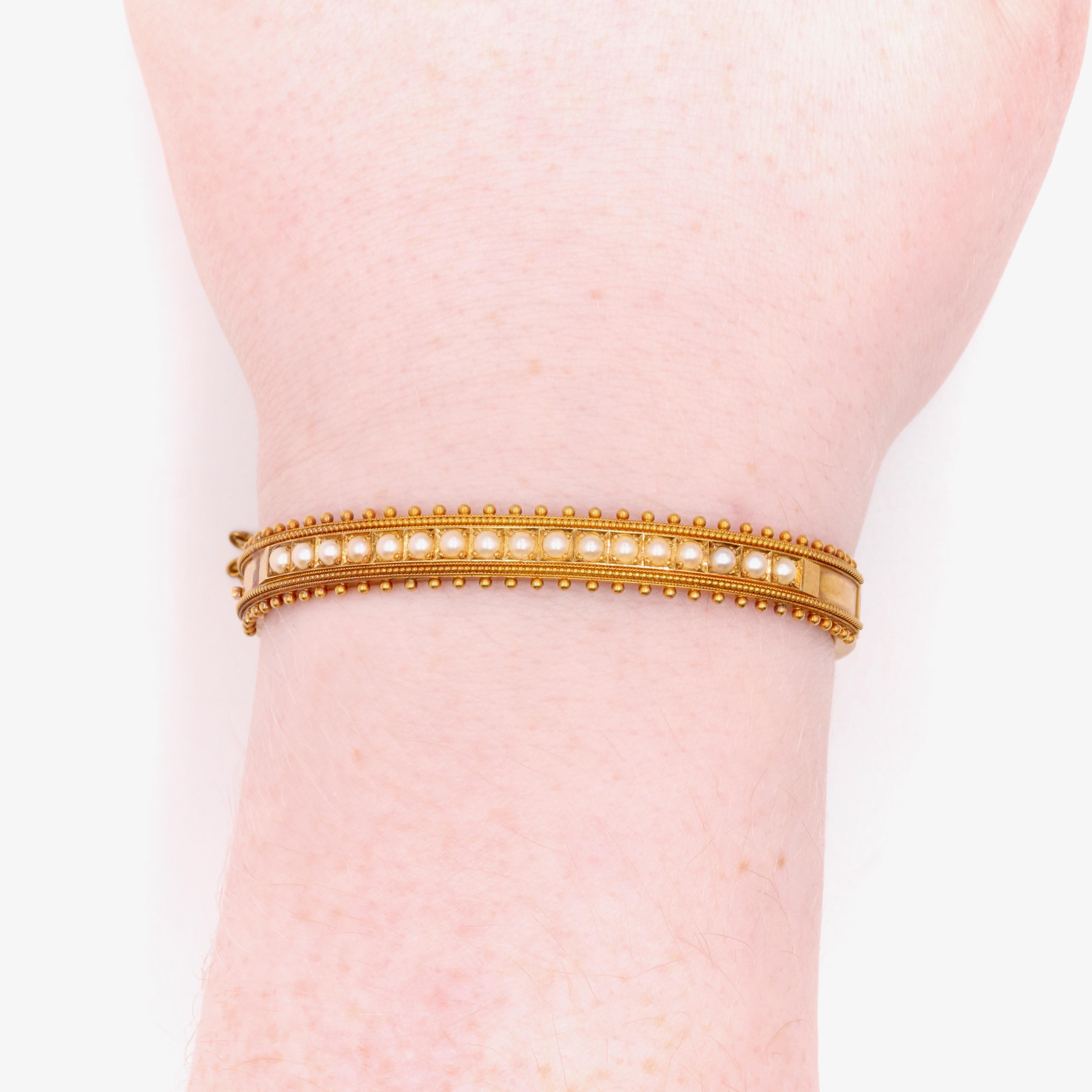 Antique Victorian 15K Yellow Gold Seed Pearl Etruscan Revival Bangle For Sale 6