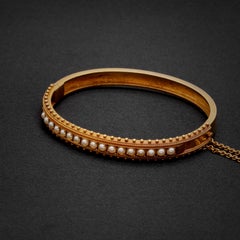 Antiker viktorianischer 15K Gelbgold Saatperlen-Armreif im etruskischen Revival-Stil