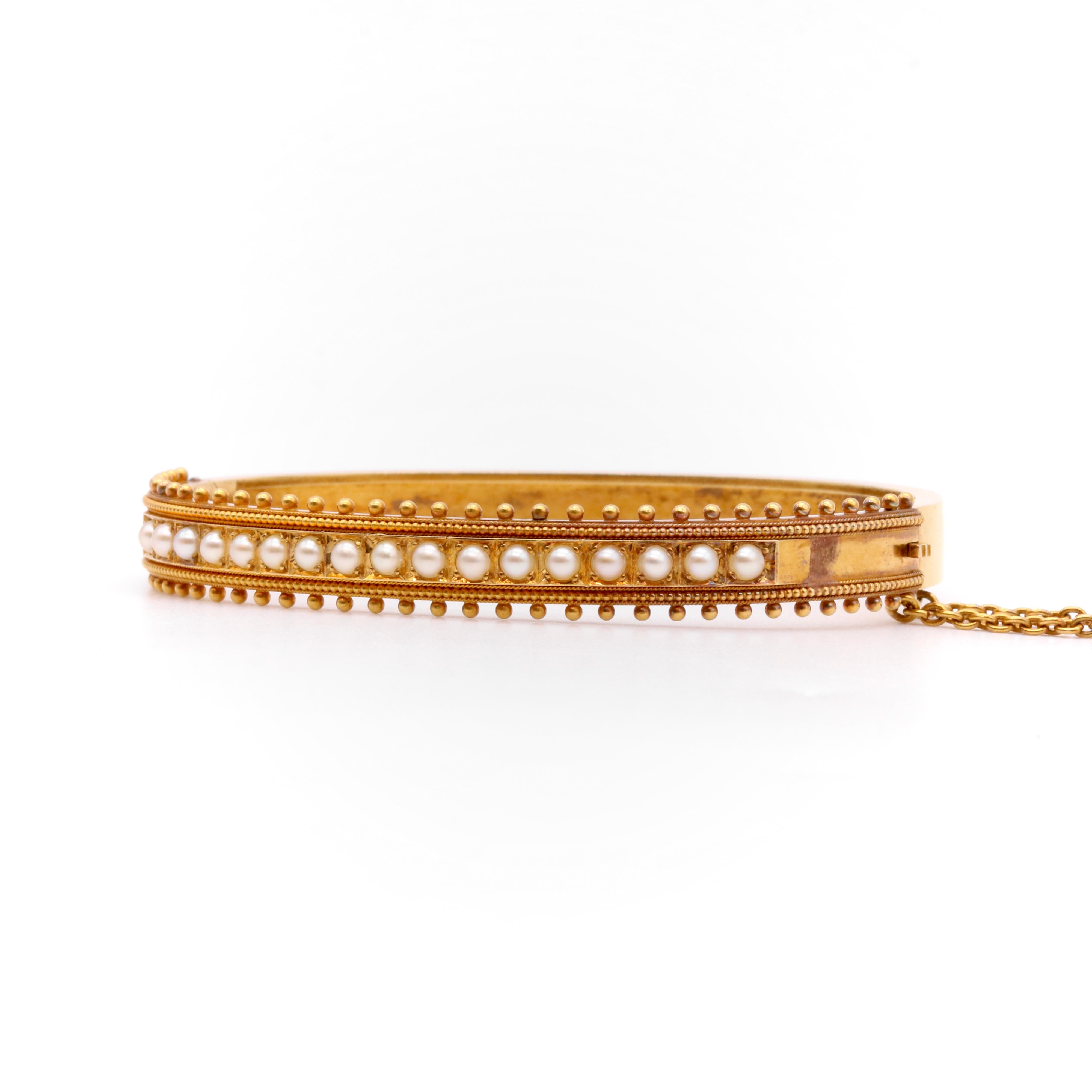 Round Cut Antique Victorian 15K Yellow Gold Seed Pearl Etruscan Revival Bangle For Sale