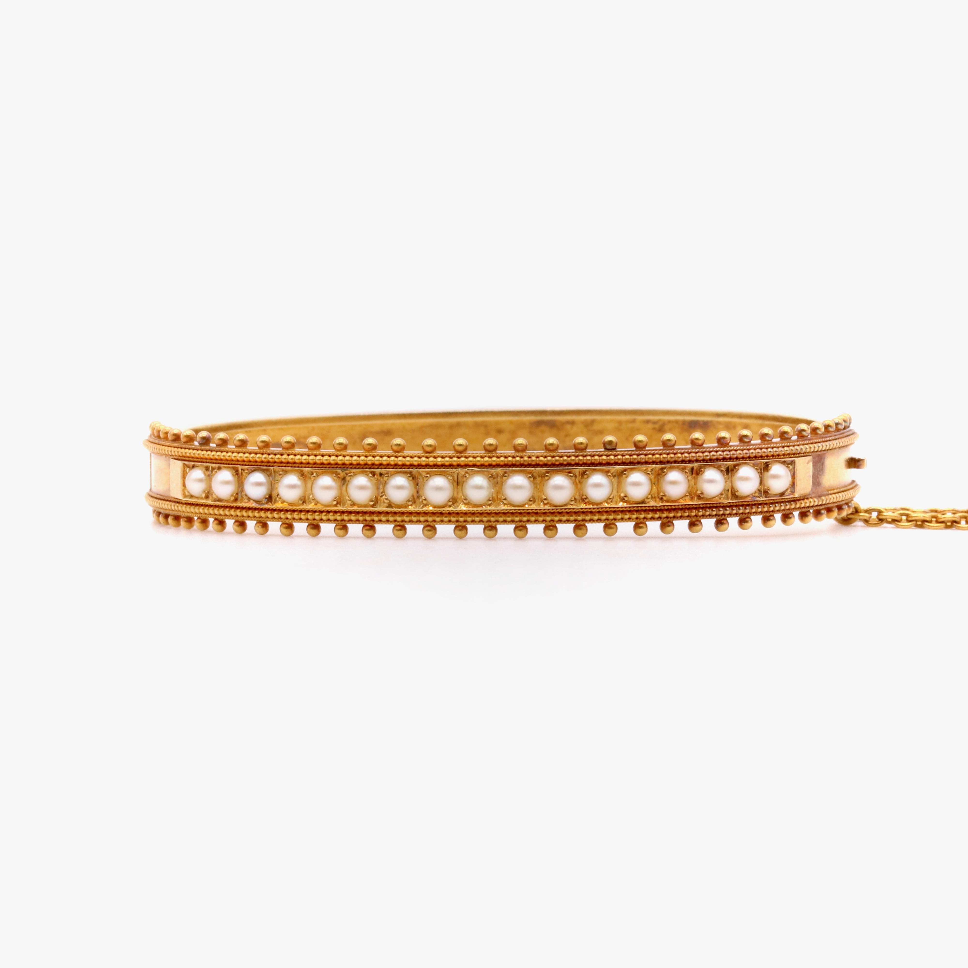 Antique Victorian 15K Yellow Gold Seed Pearl Etruscan Revival Bangle In Good Condition For Sale In Staines-Upon-Thames, GB