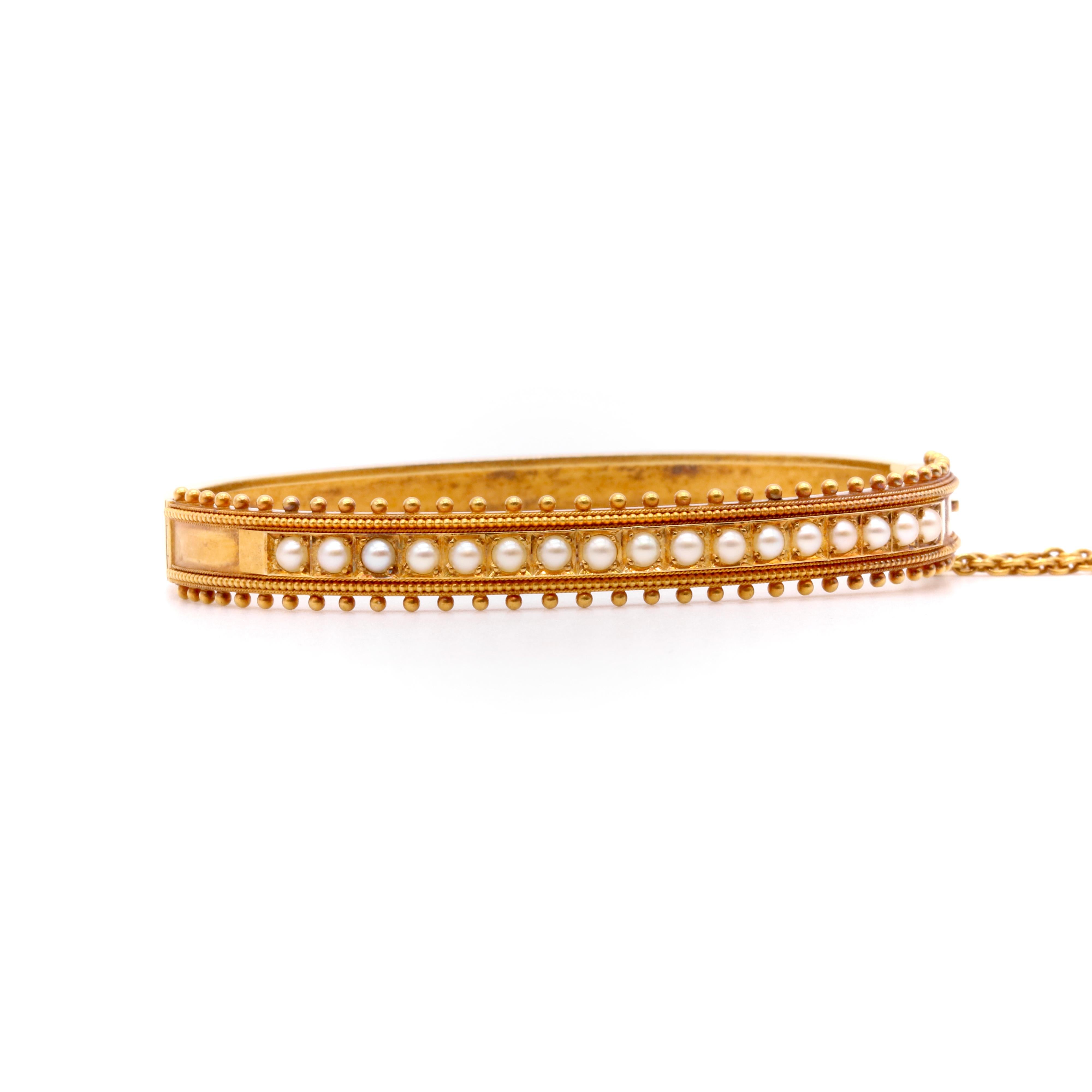 Women's or Men's Antique Victorian 15K Yellow Gold Seed Pearl Etruscan Revival Bangle For Sale