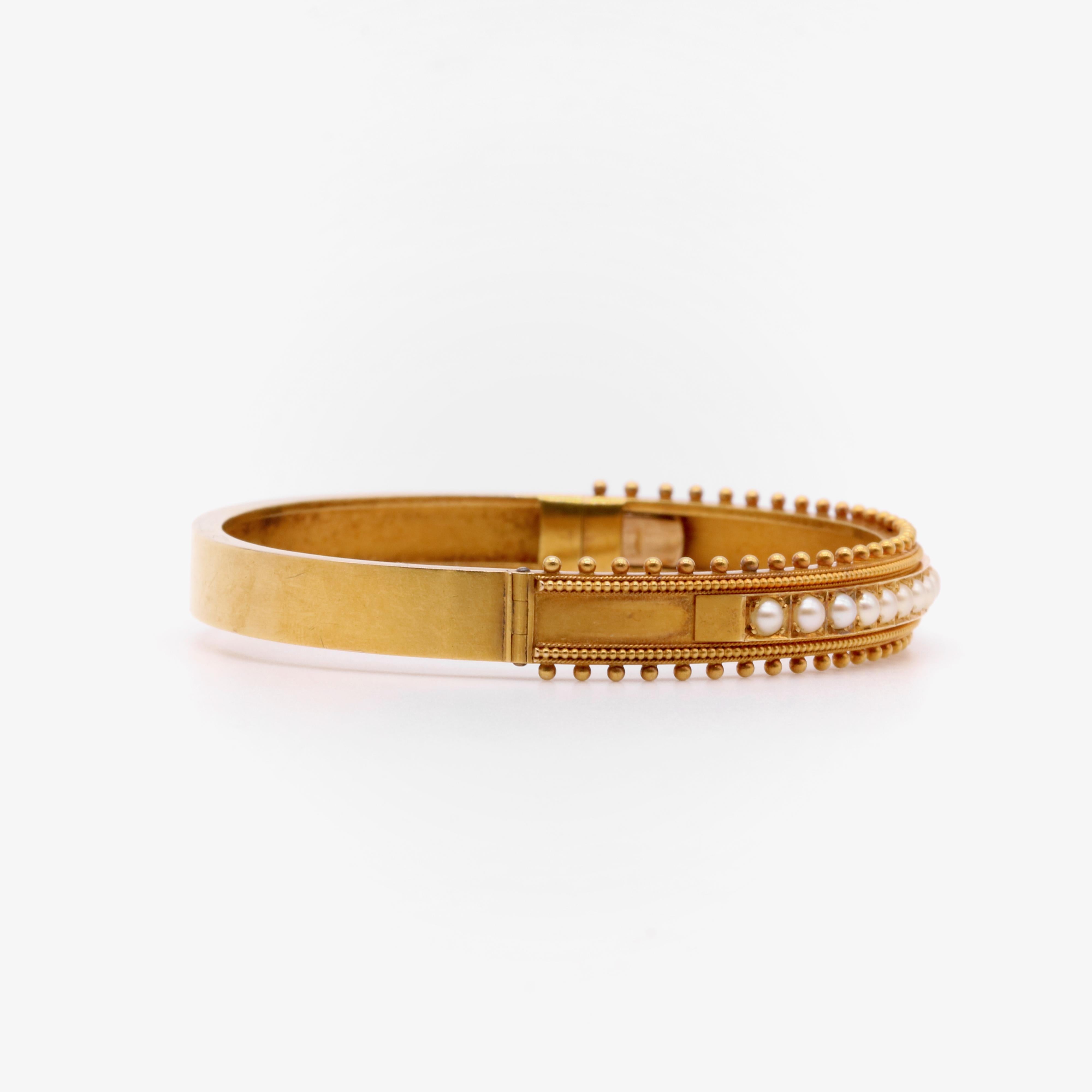 Antique Victorian 15K Yellow Gold Seed Pearl Etruscan Revival Bangle For Sale 1