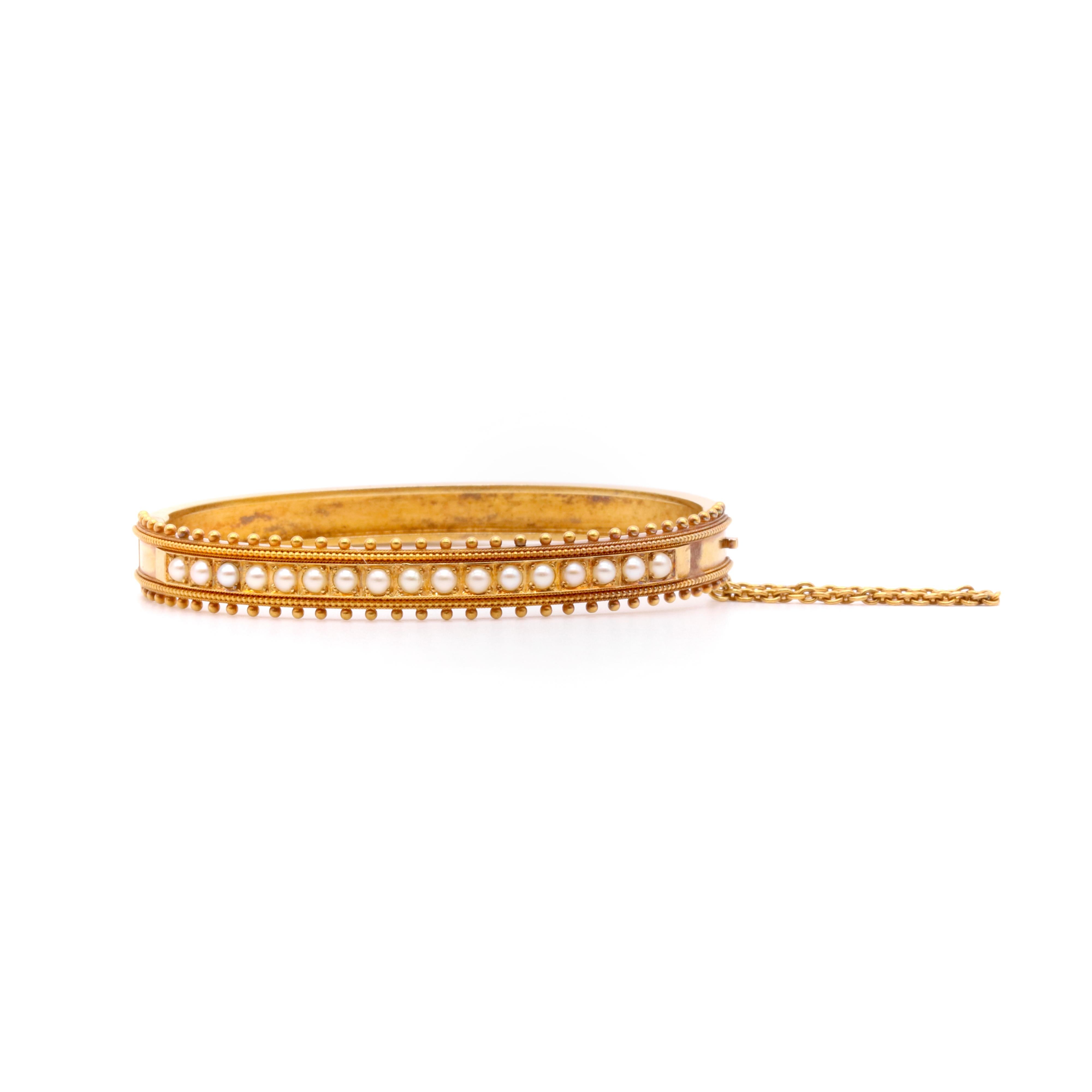 Antique Victorian 15K Yellow Gold Seed Pearl Etruscan Revival Bangle For Sale 3