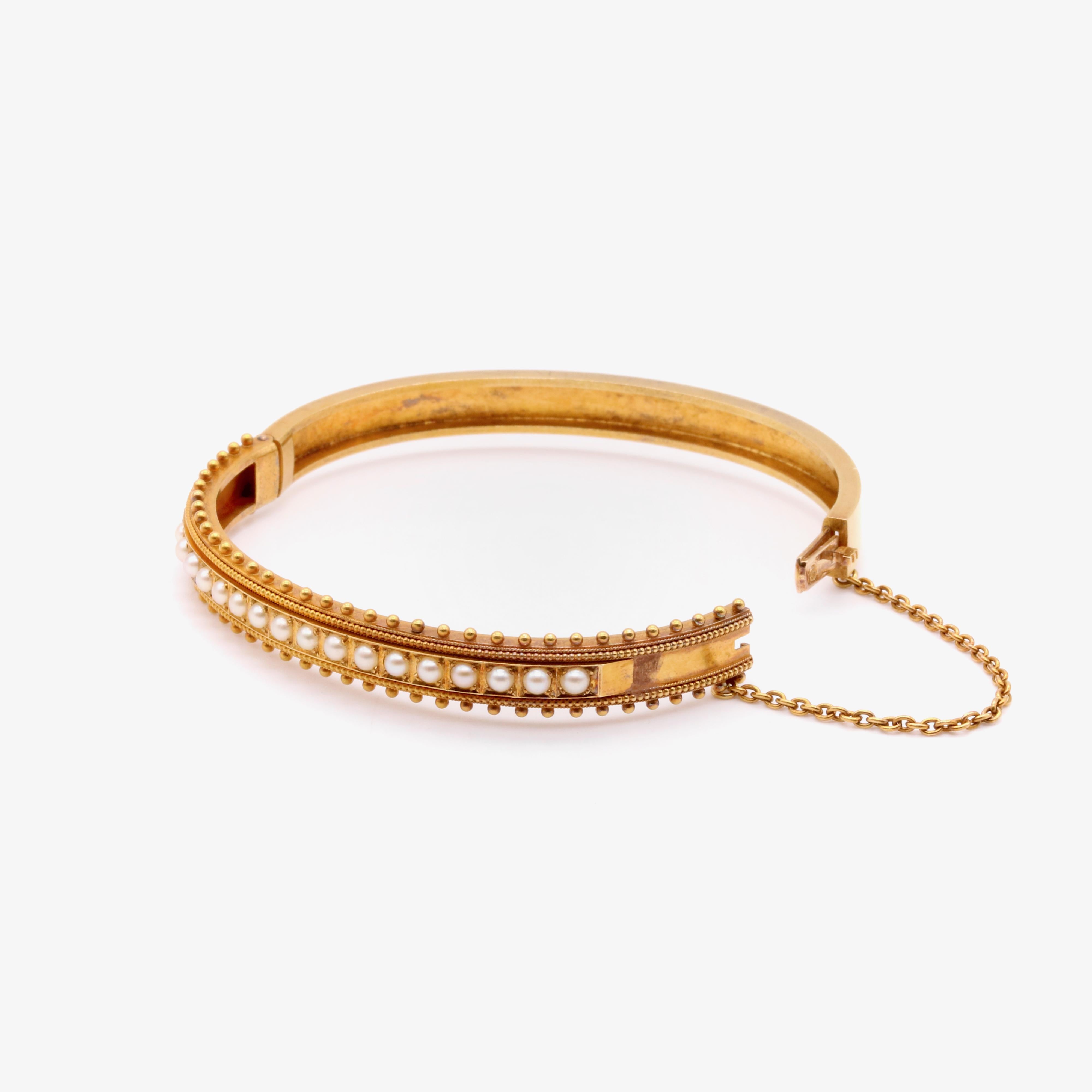 Antique Victorian 15K Yellow Gold Seed Pearl Etruscan Revival Bangle For Sale 4
