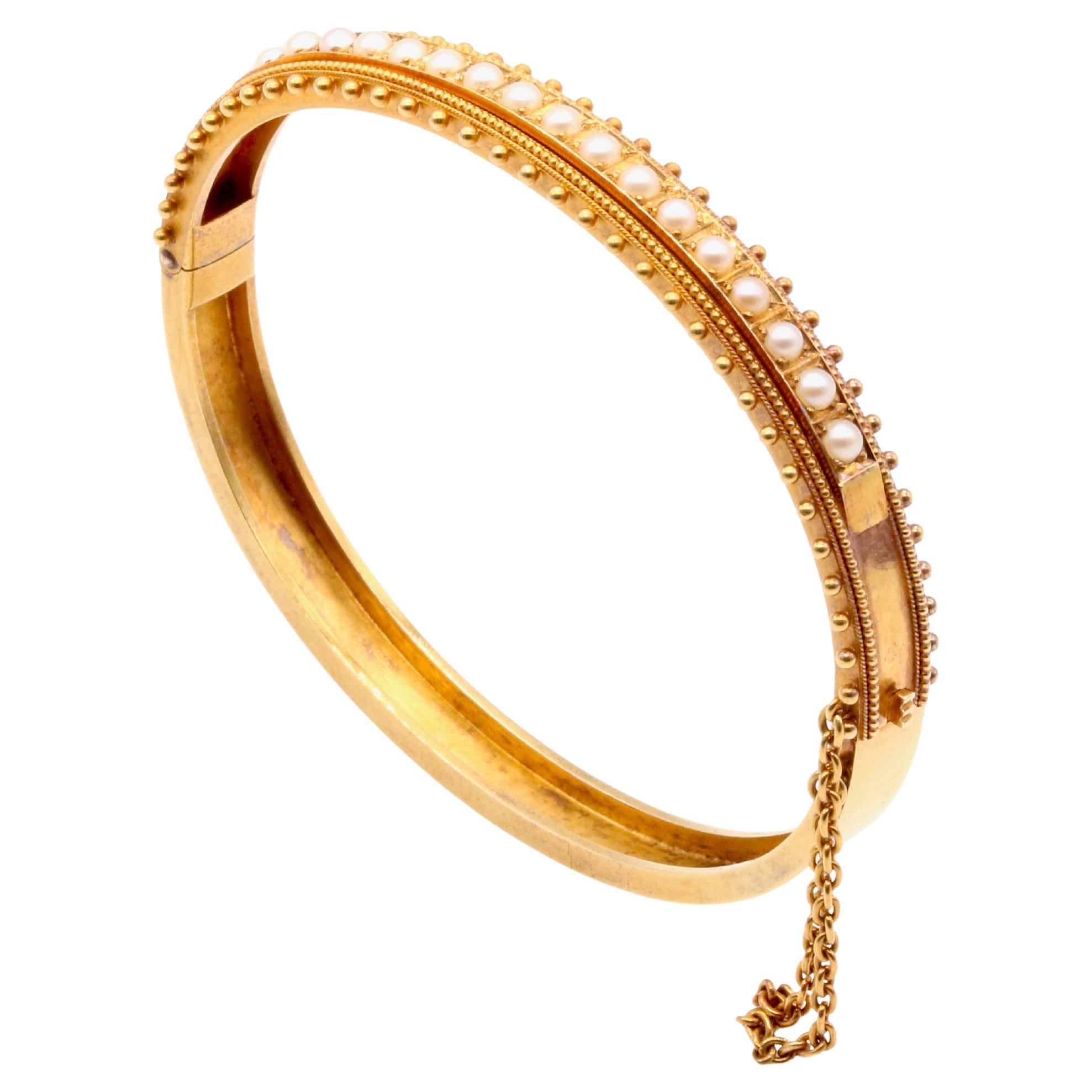 Antique Victorian 15K Yellow Gold Seed Pearl Etruscan Revival Bangle