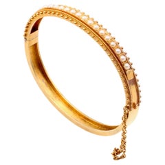 Antique Victorian 15K Yellow Gold Seed Pearl Etruscan Revival Bangle