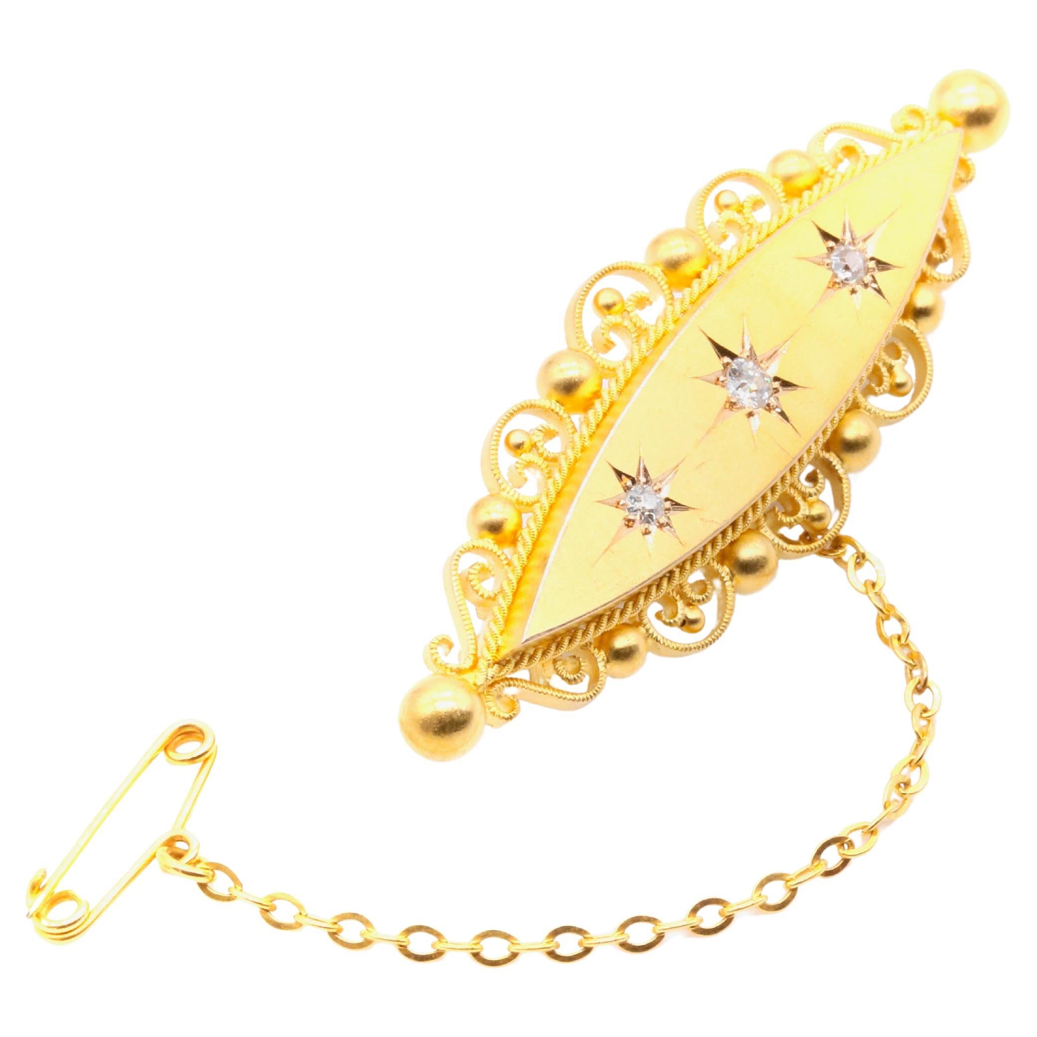 Antique Victorian 15K Yellow Gold Star Set Diamond Navette Brooch