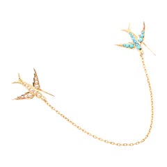 Antique Victorian 15K Yellow Gold Turquoise and Pearl Swallow Cloak Pin