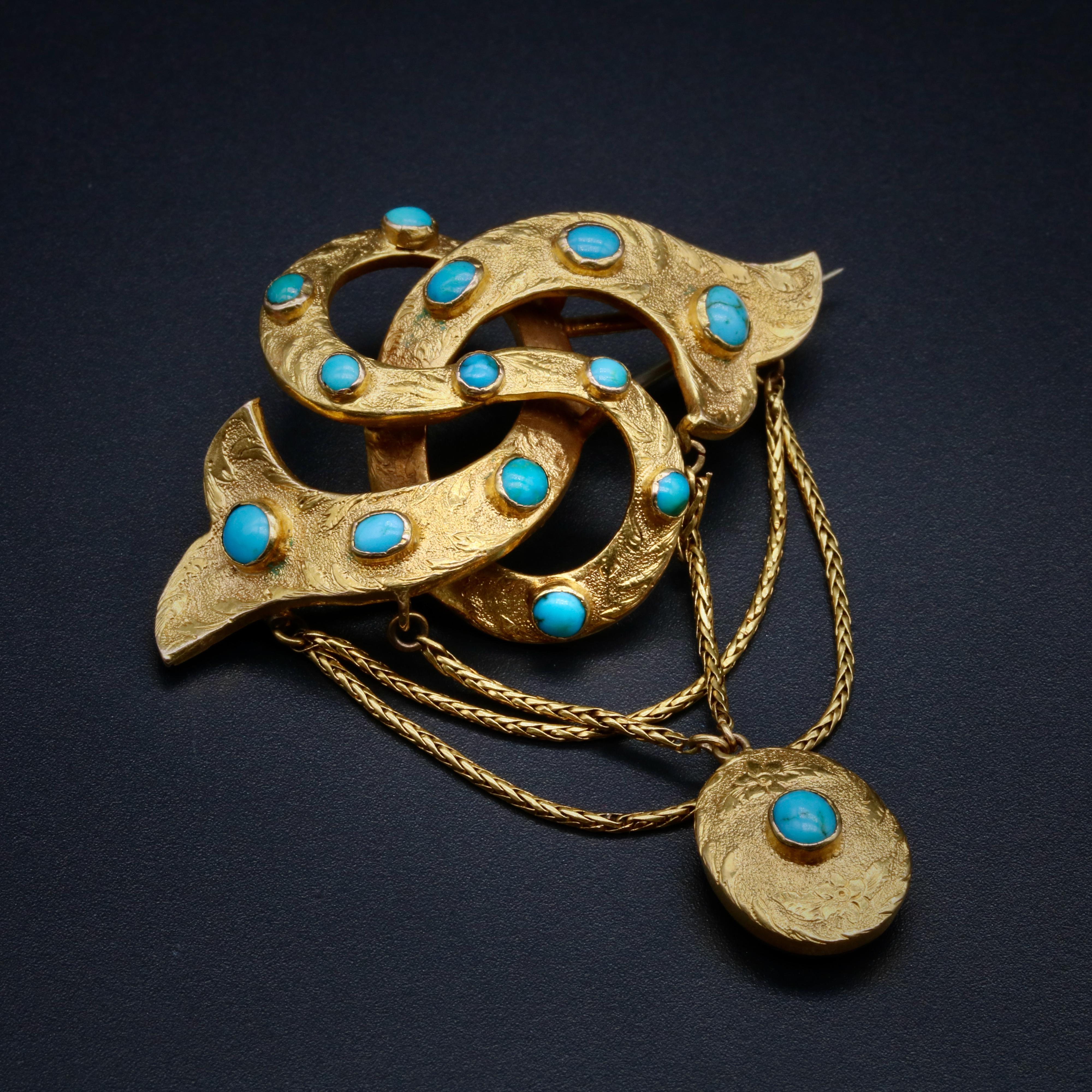 Cabochon Antique Victorian 15K Yellow Gold Turquoise Lovers Knot Memorial Locket Brooch For Sale