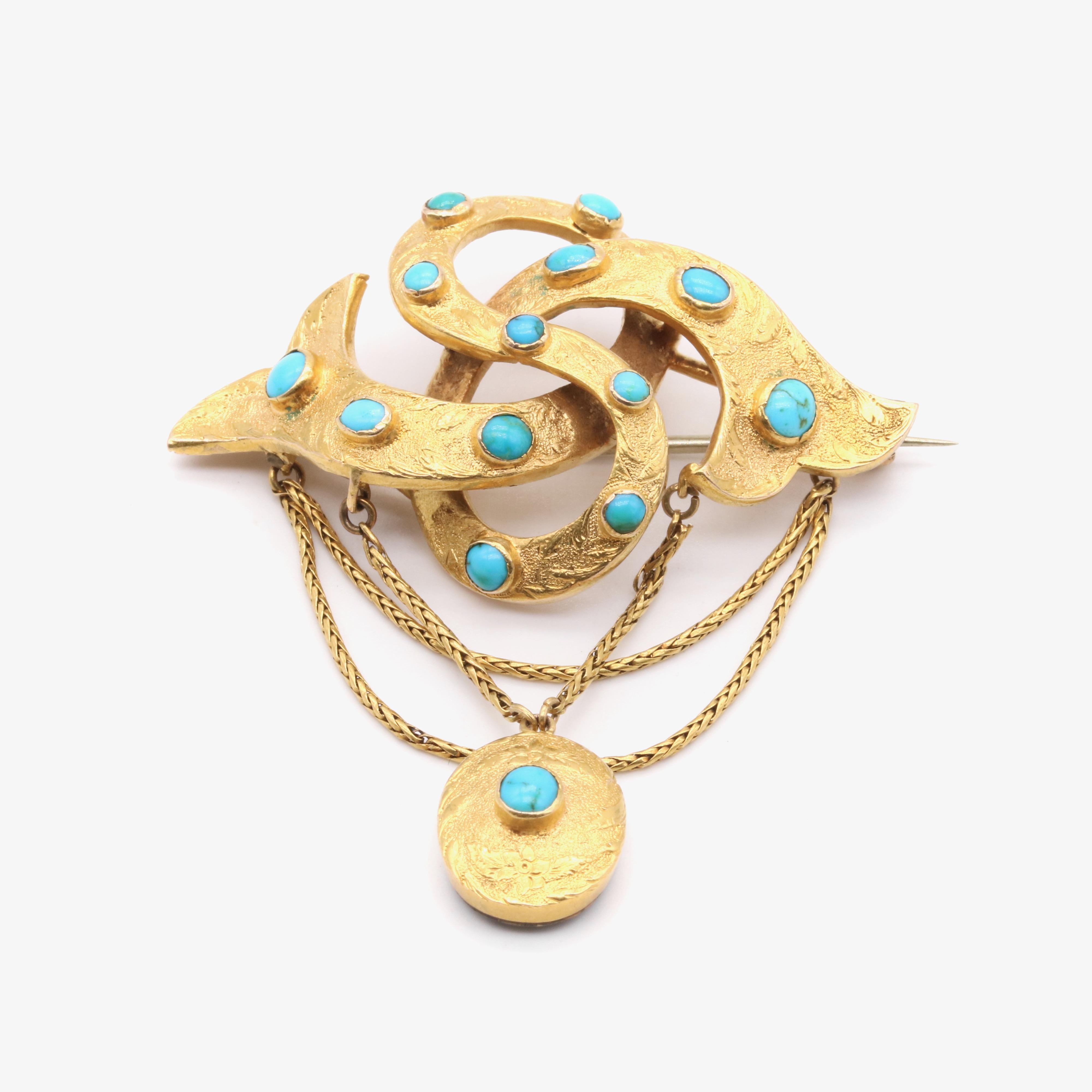 Antique Victorian 15K Yellow Gold Turquoise Lovers Knot Memorial Locket Brooch In Good Condition For Sale In Staines-Upon-Thames, GB