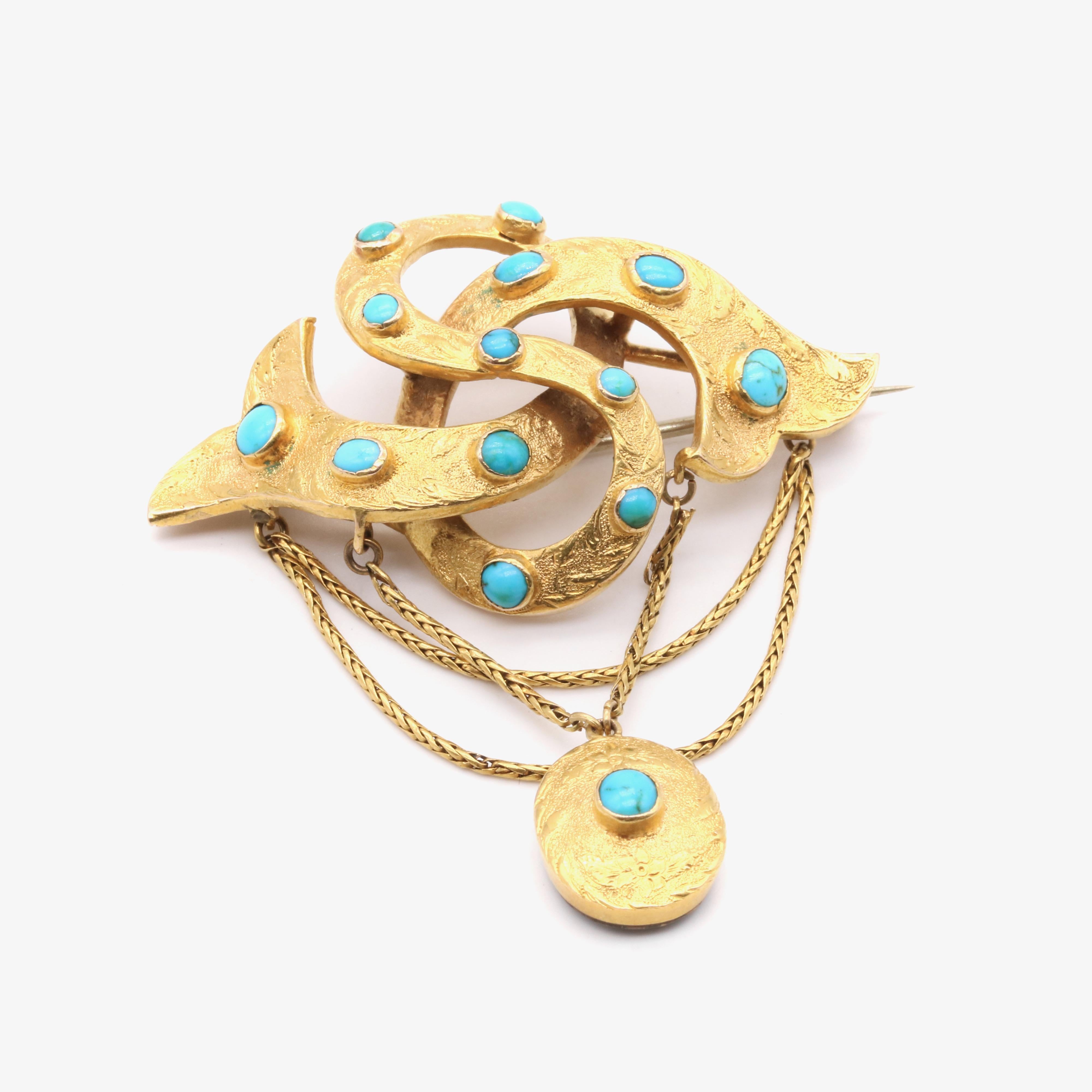 Women's or Men's Antique Victorian 15K Yellow Gold Turquoise Lovers Knot Memorial Locket Brooch For Sale