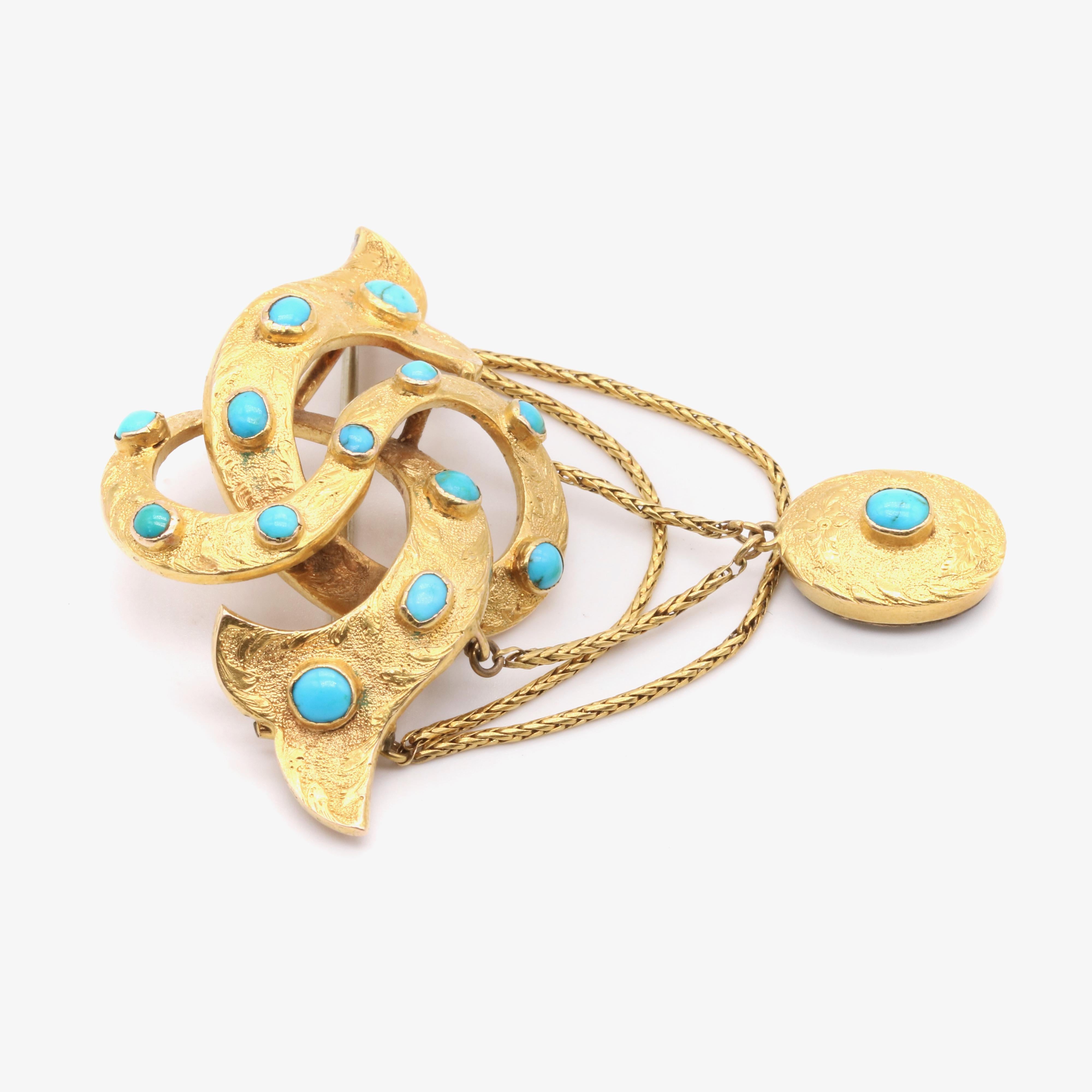 Antique Victorian 15K Yellow Gold Turquoise Lovers Knot Memorial Locket Brooch For Sale 1