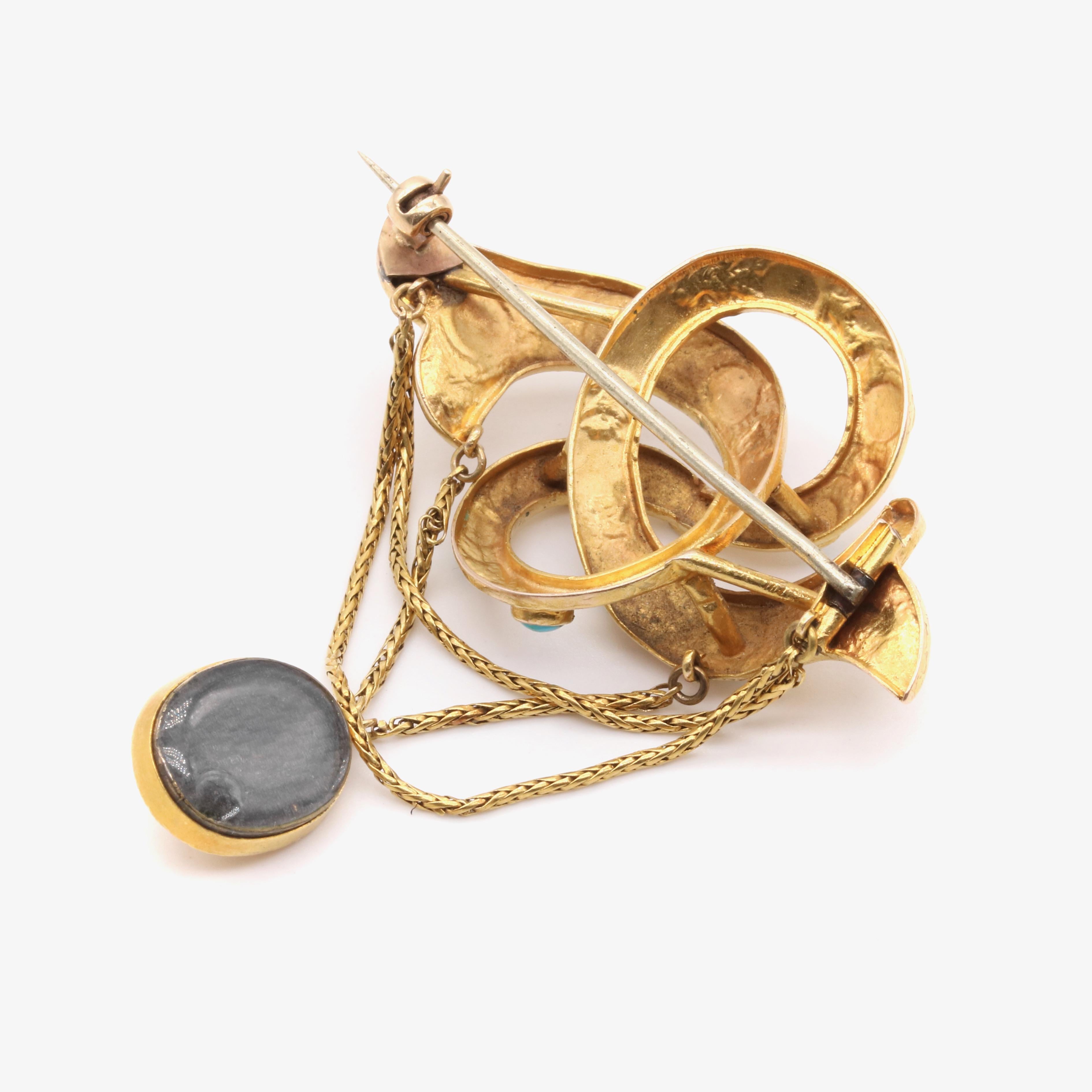 Antique Victorian 15K Yellow Gold Turquoise Lovers Knot Memorial Locket Brooch For Sale 2