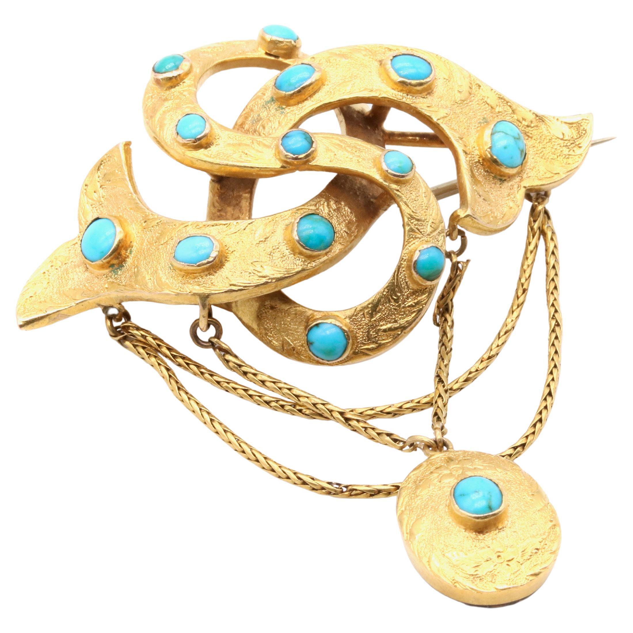 Antique Victorian 15K Yellow Gold Turquoise Lovers Knot Memorial Locket Brooch