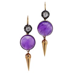 Antique Victorian 15kt Gold and Silver Cabochon Amethysts Drop Earrings