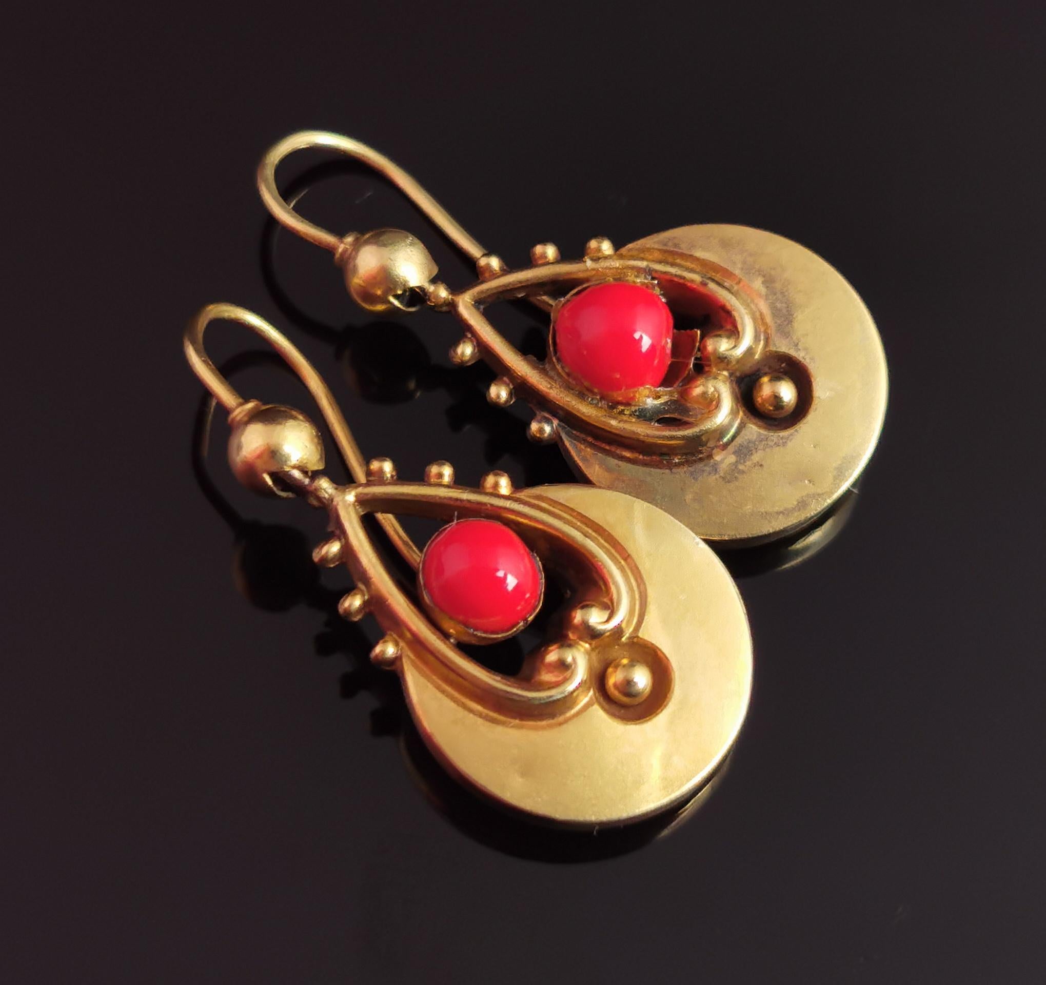 Antique Victorian 15kt Gold Earrings, Coral Paste, Etruscan Revival 8