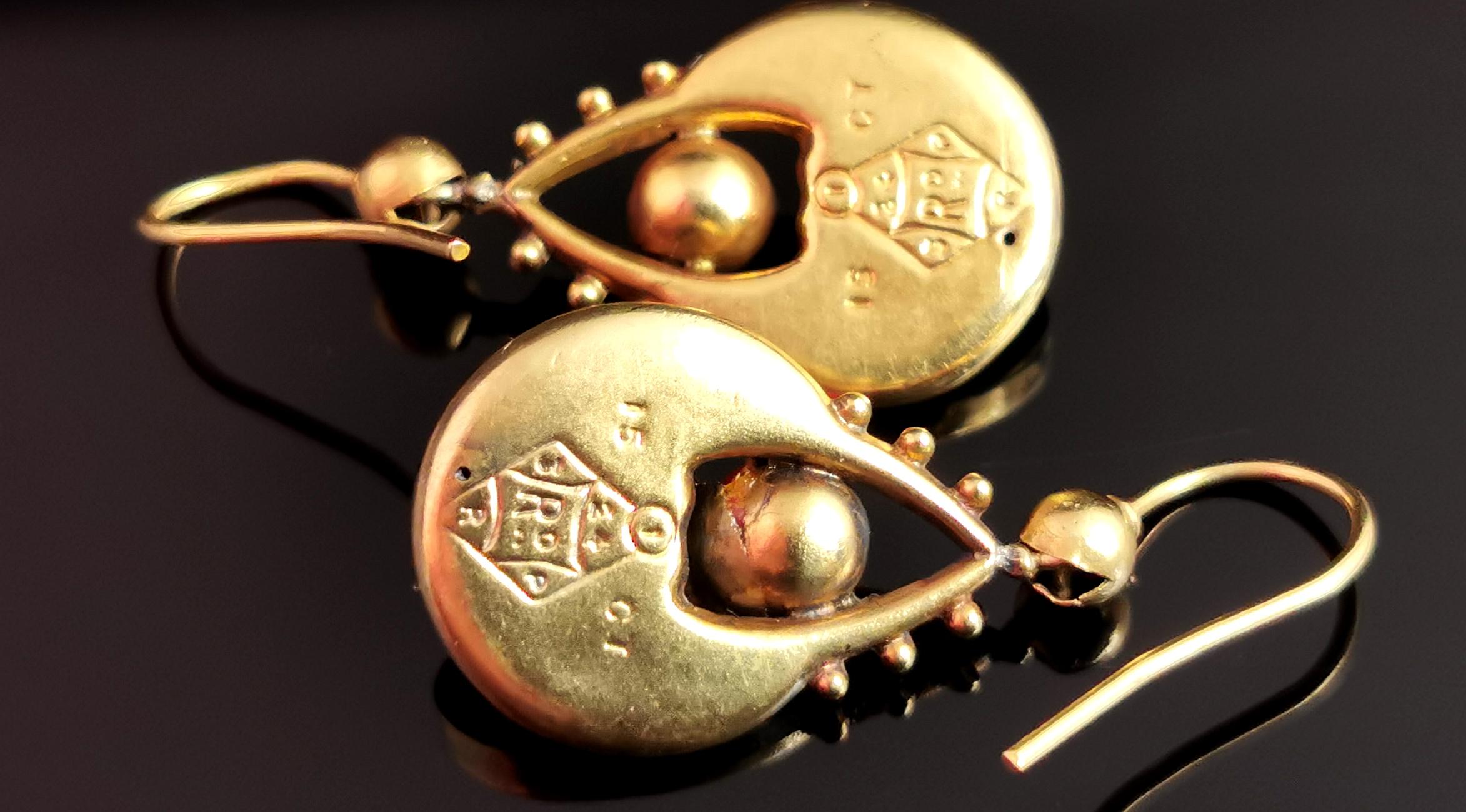 Antique Victorian 15kt Gold Earrings, Coral Paste, Etruscan Revival 9