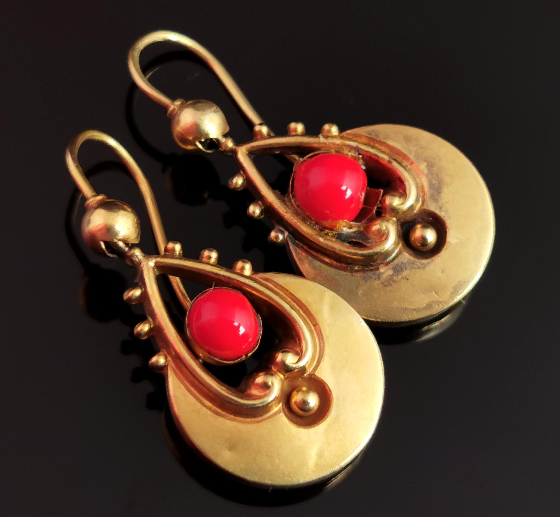 Women's Antique Victorian 15kt Gold Earrings, Coral Paste, Etruscan Revival
