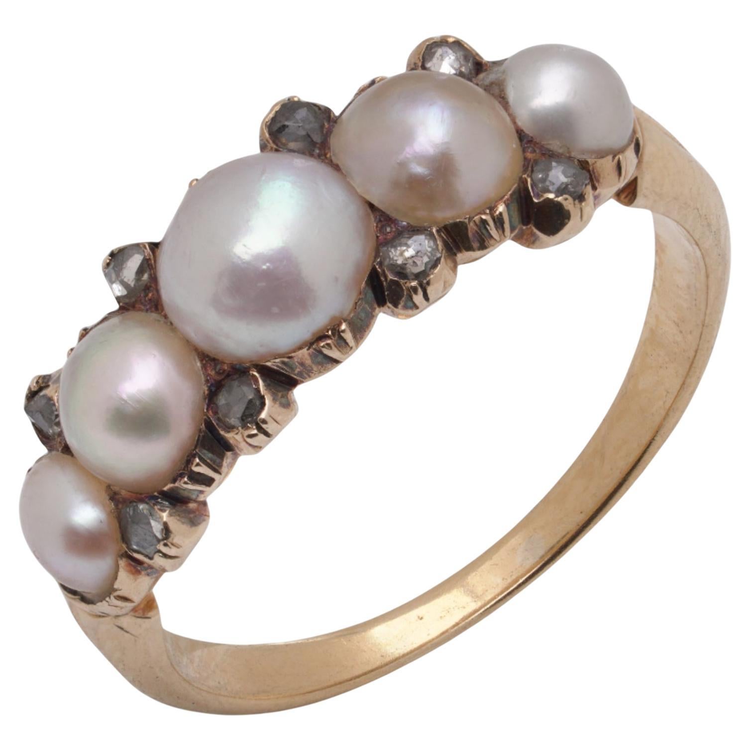 Ancienne bague victorienne à cinq pierres en or 15kt avec perles et diamants taillés en rose