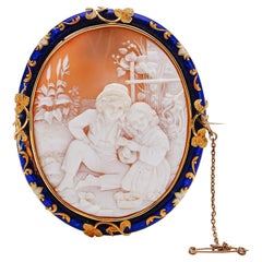 Antique Victorian 15kt. Yellow Gold, Blue and White Enamel Sardonyx Shell Cameo