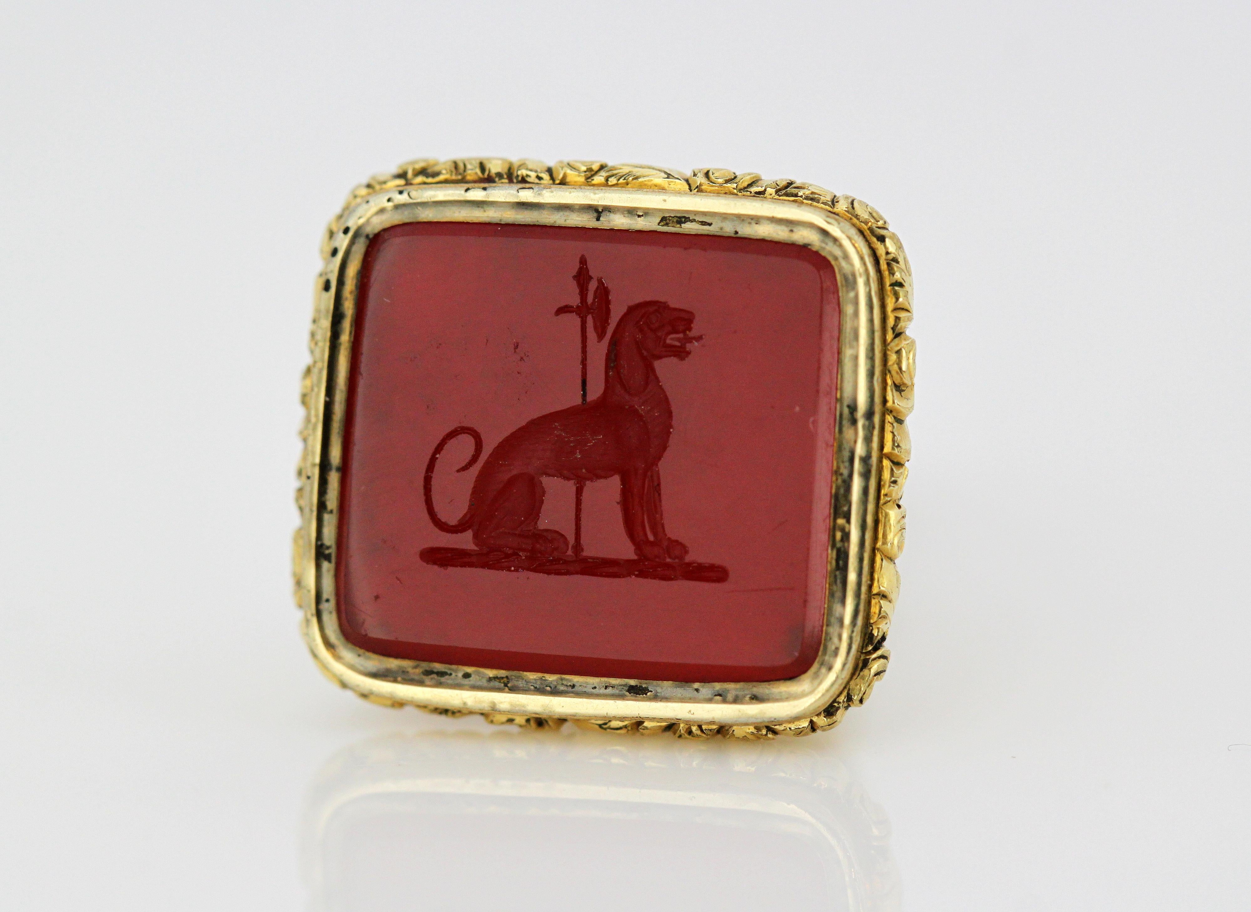 Antique Victorian 15 Karat Yellow Gold Carnelian Lion Seal, England, circa 1860s 2