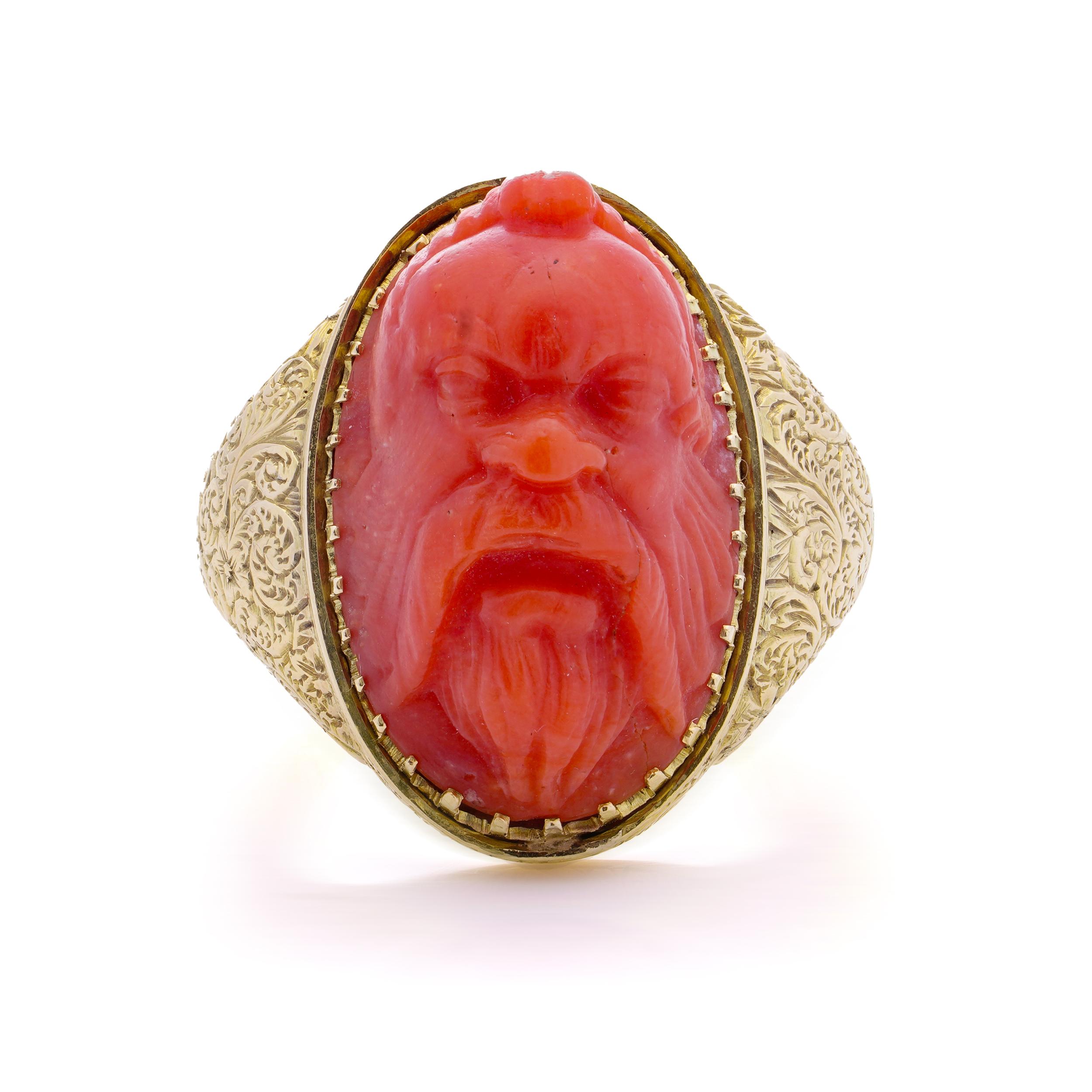 Antique Victorian 15kt. yellow gold coral ring, featuring a carved river God For Sale 7