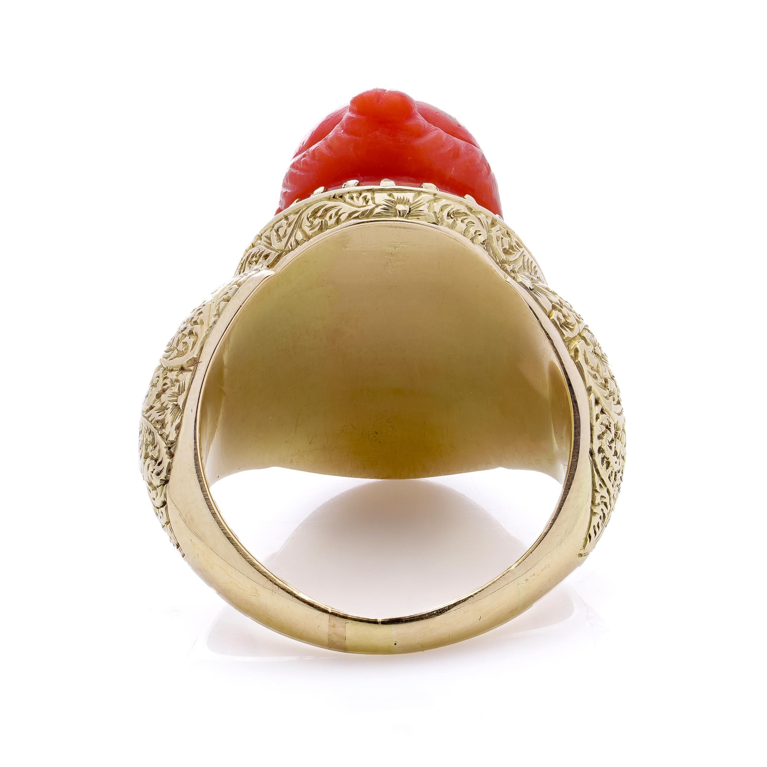 Men's Antique Victorian 15kt. yellow gold coral ring, featuring a carved river God For Sale