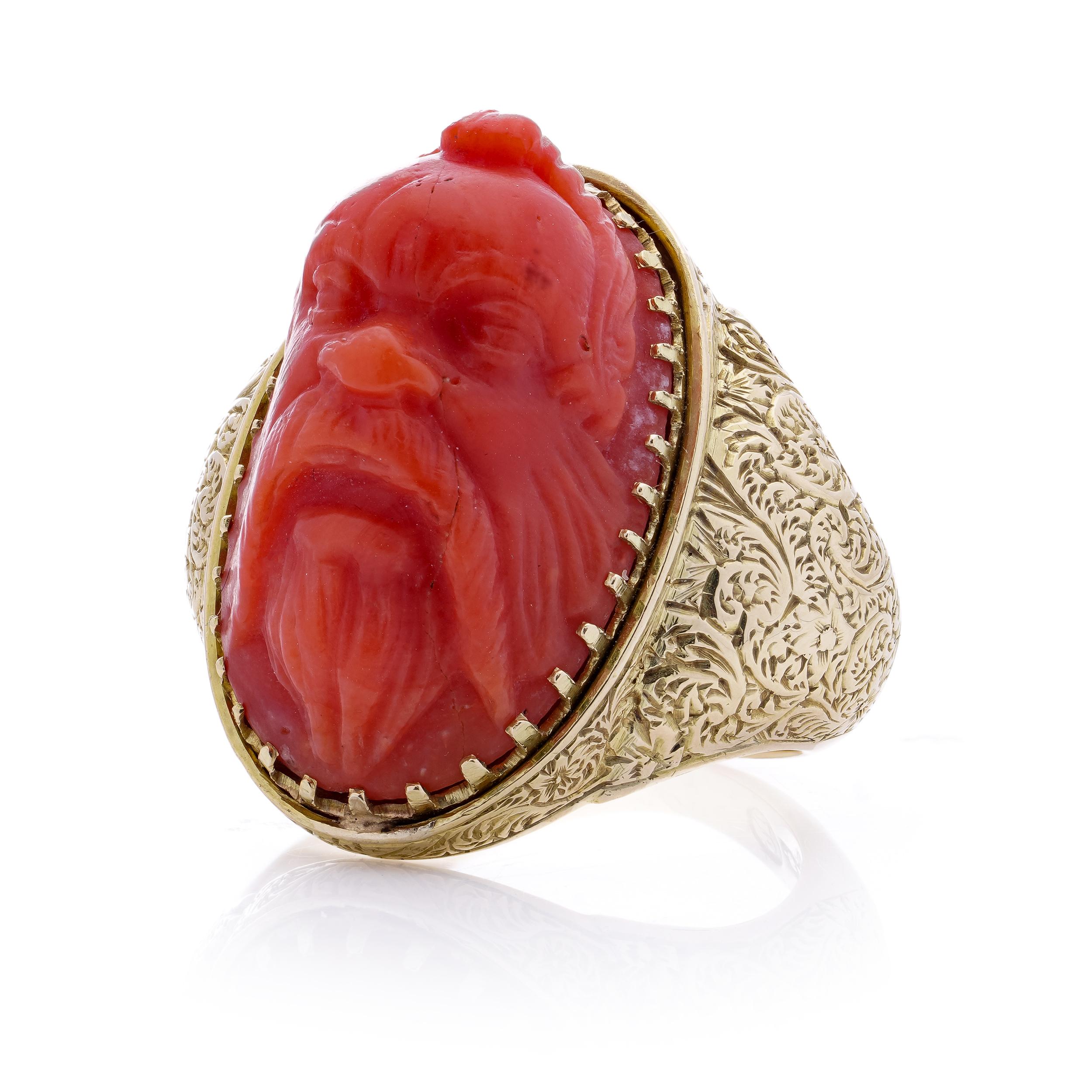 Antique Victorian 15kt. yellow gold coral ring, featuring a carved river God For Sale 1