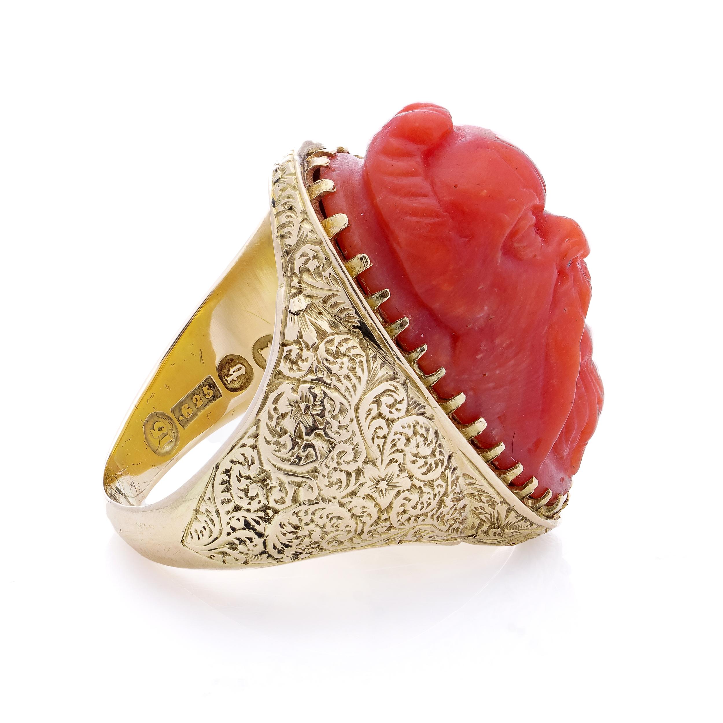 Antique Victorian 15kt. yellow gold coral ring, featuring a carved river God For Sale 2