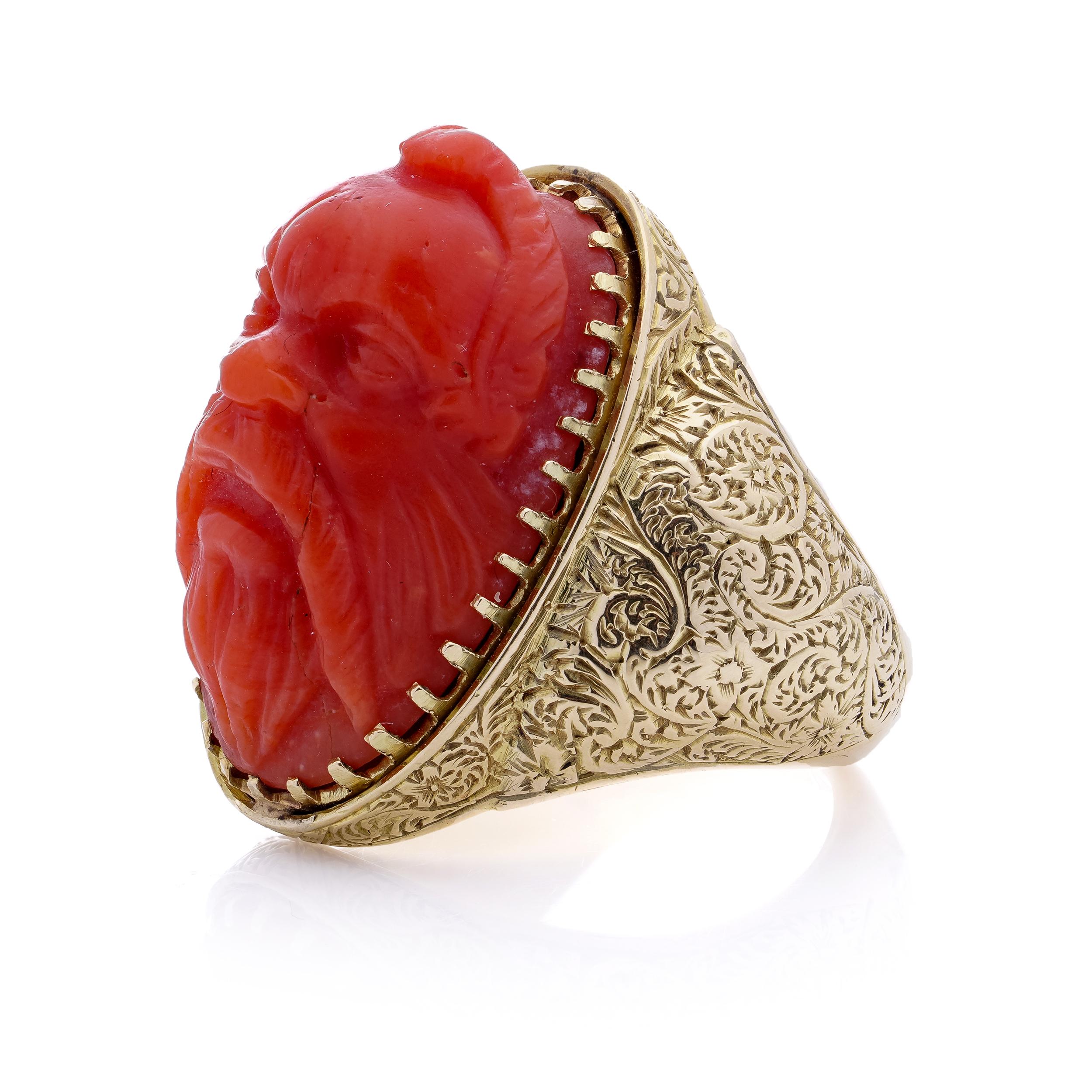 Antique Victorian 15kt. yellow gold coral ring, featuring a carved river God For Sale 3