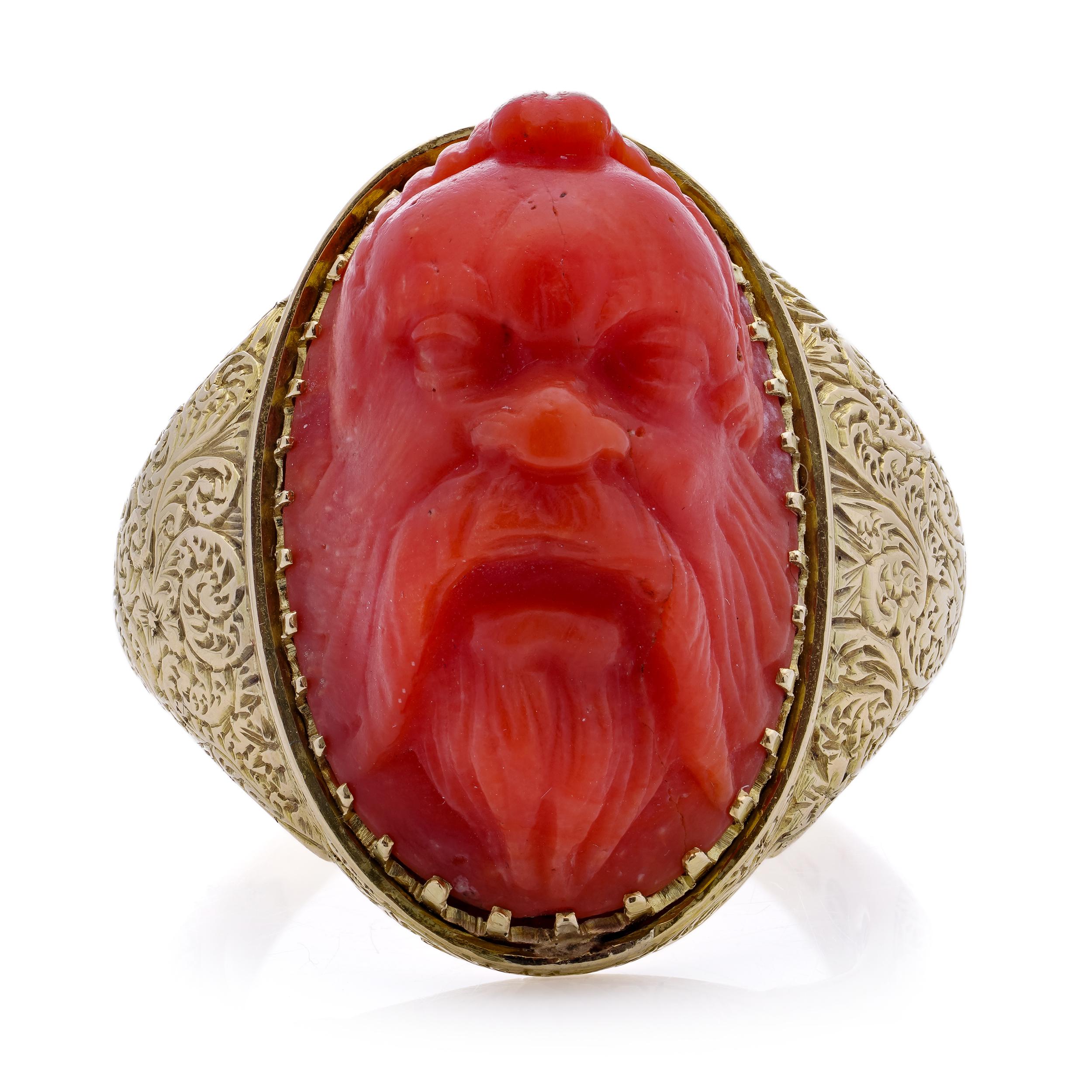 Antique Victorian 15kt. yellow gold coral ring, featuring a carved river God For Sale 4