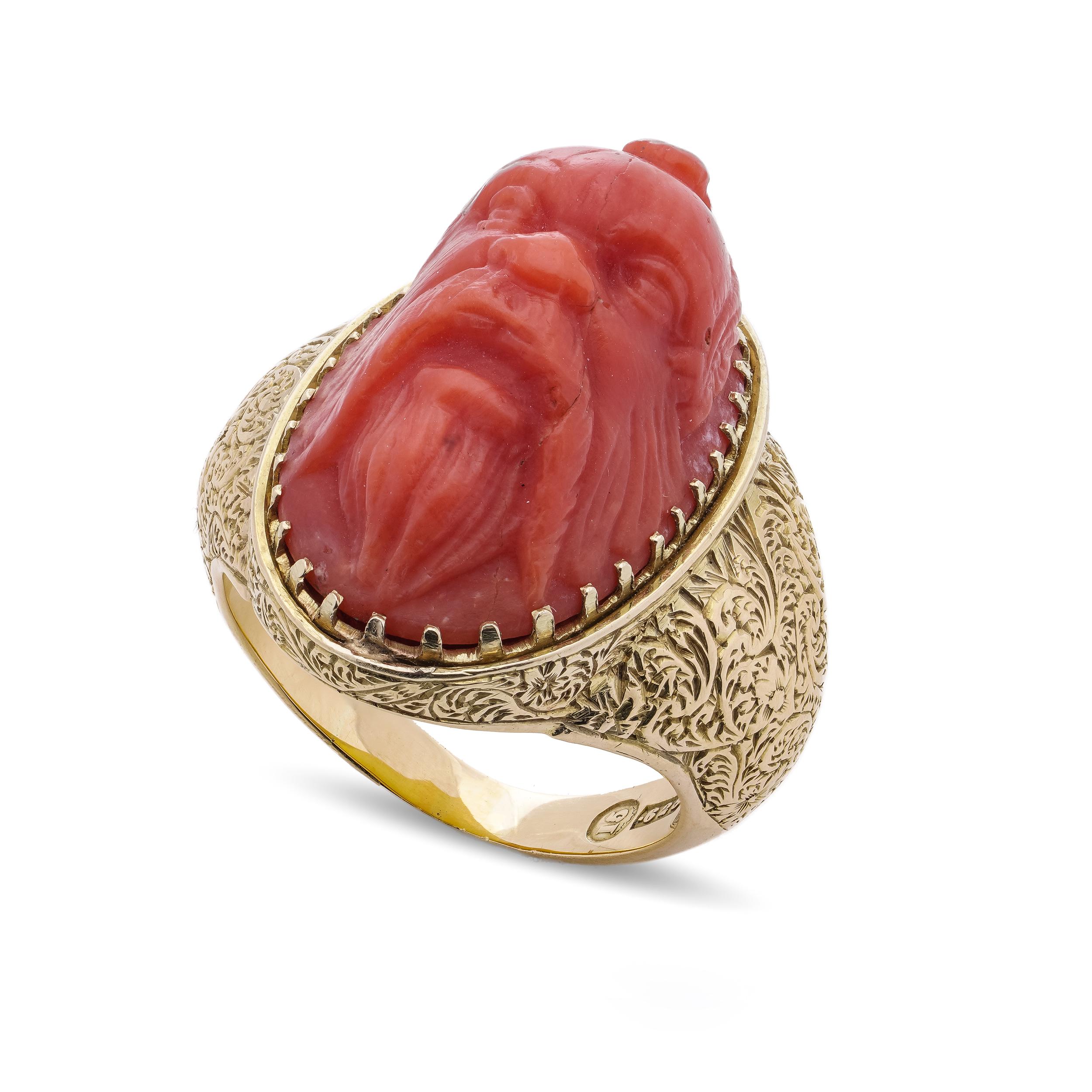 Antique Victorian 15kt. yellow gold coral ring, featuring a carved river God For Sale 5