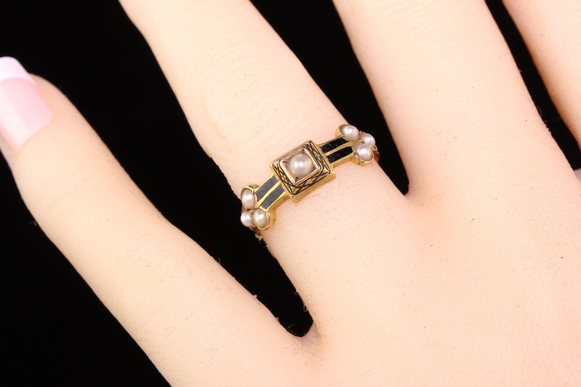 Women's Circa 1882 - Antique Victorian 15kt Yellow Gold Pearl Black Enamel Mourning Ring