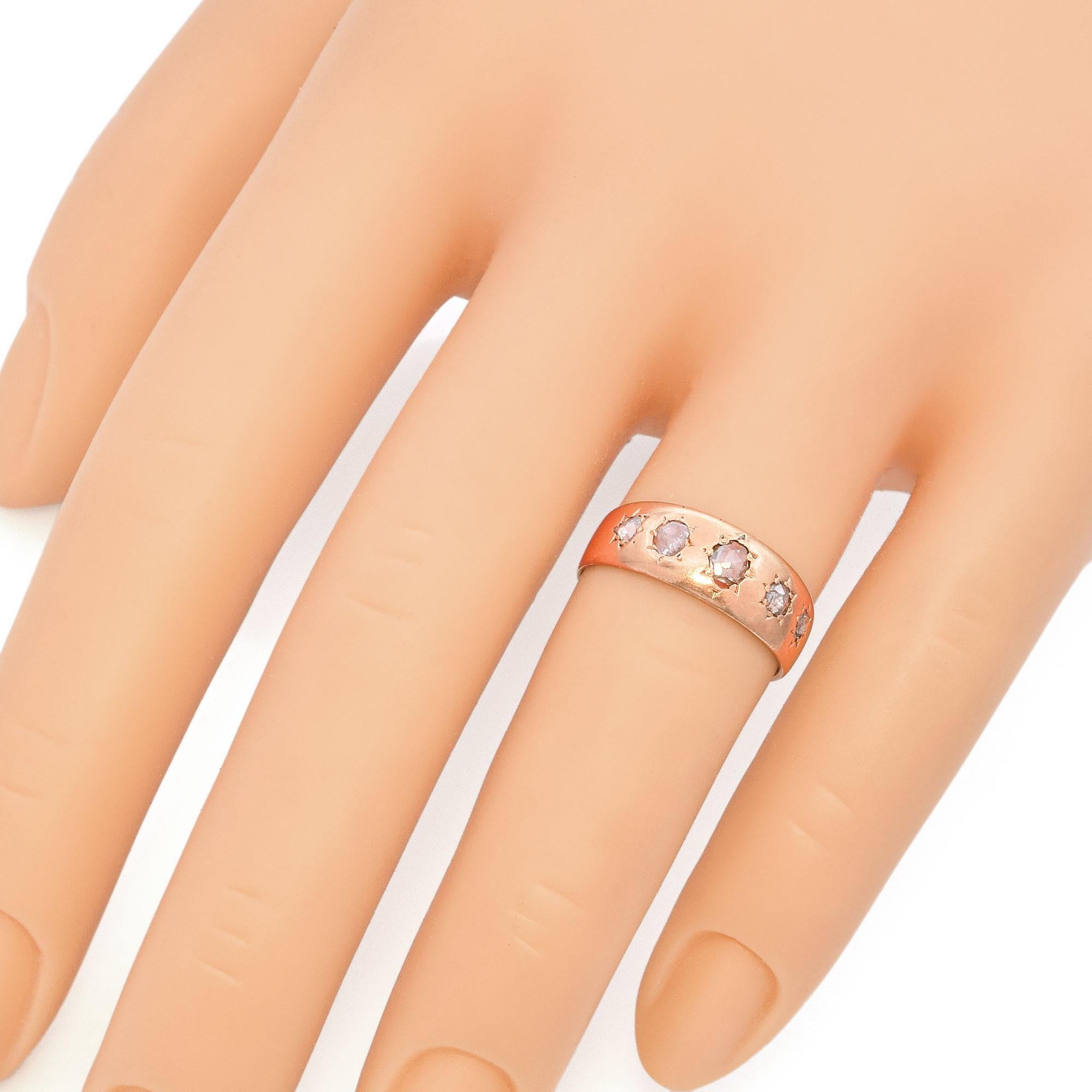 Antique Victorian 17K Rose Gold Rose Cut Diamond Band Ring In Good Condition In New York, NY